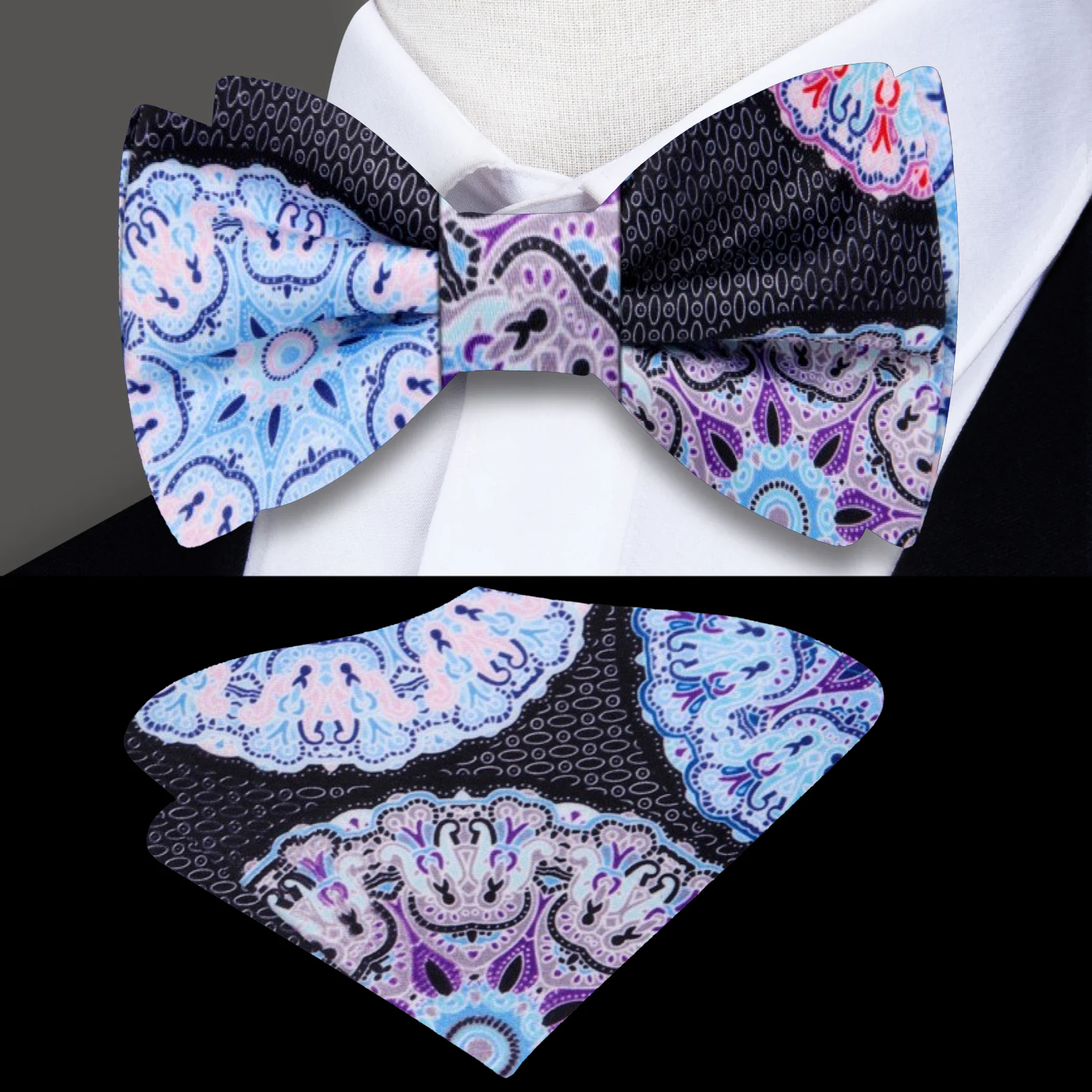 Stylish silk bow tie featuring a vibrant kaleidoscope abstract design, perfect for upscale events