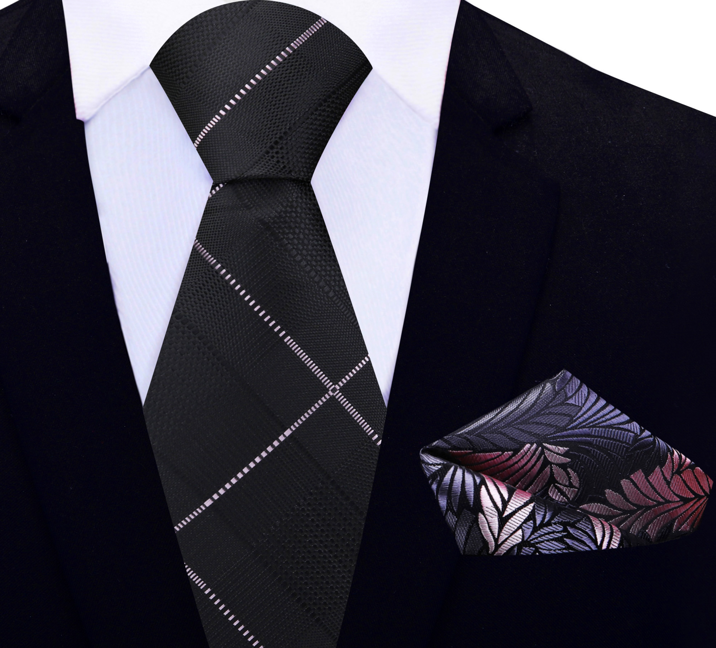 Front view of the stylish black plaid necktie showcasing the pink pattern.