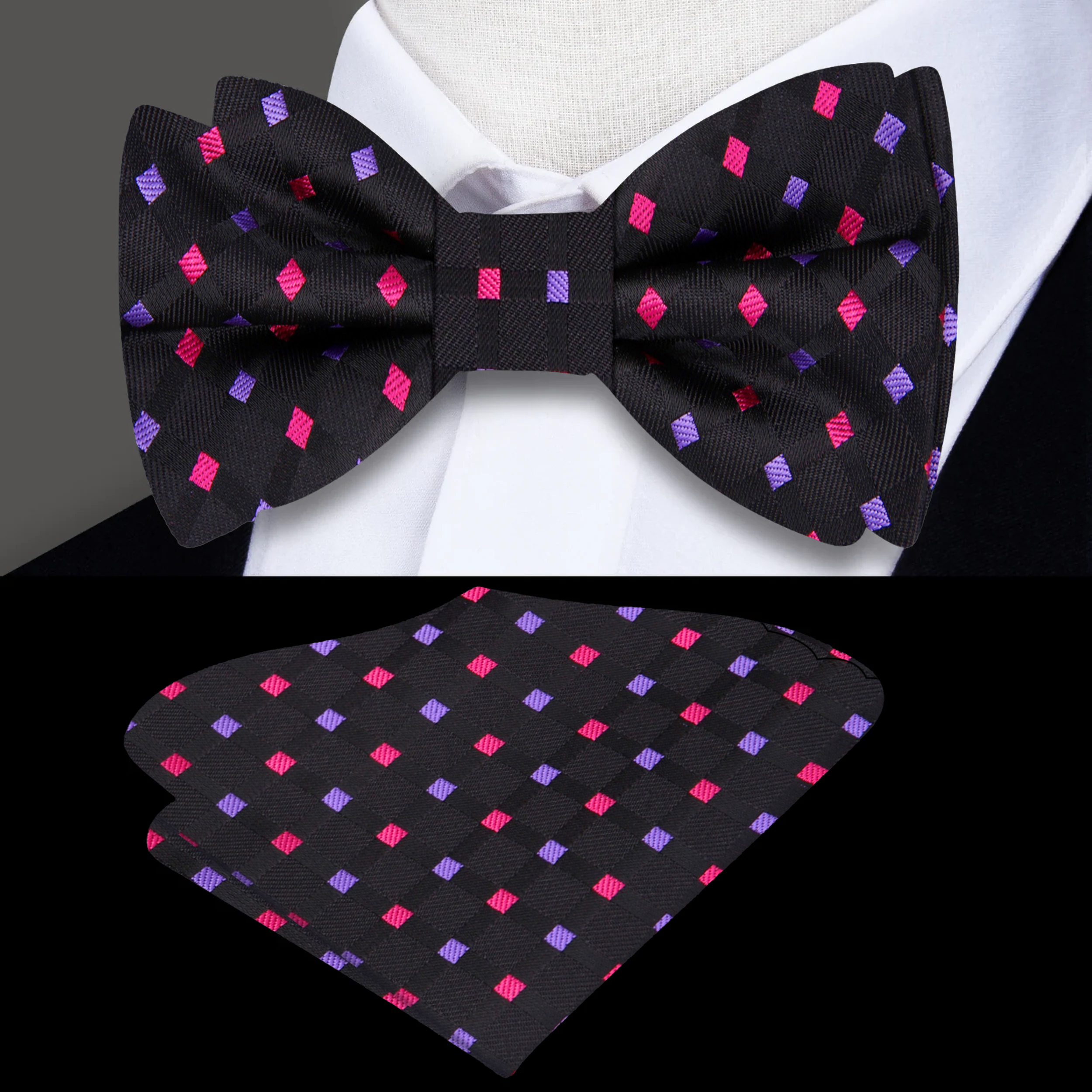 Close-up of the mens bow tie with pink pattern against a crisp white dress shirt.