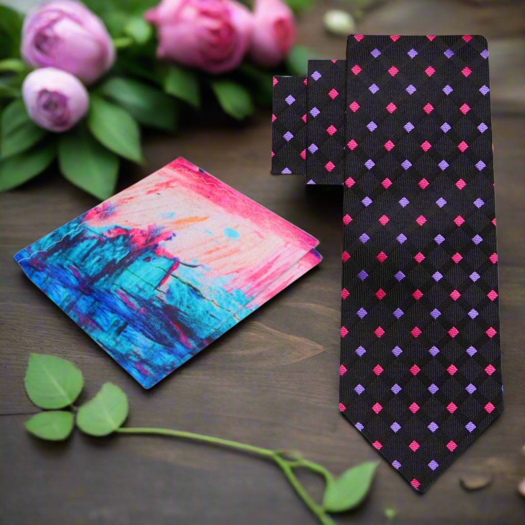 Close-up of black silk tie with pastel diamond pattern, ideal for business meetings