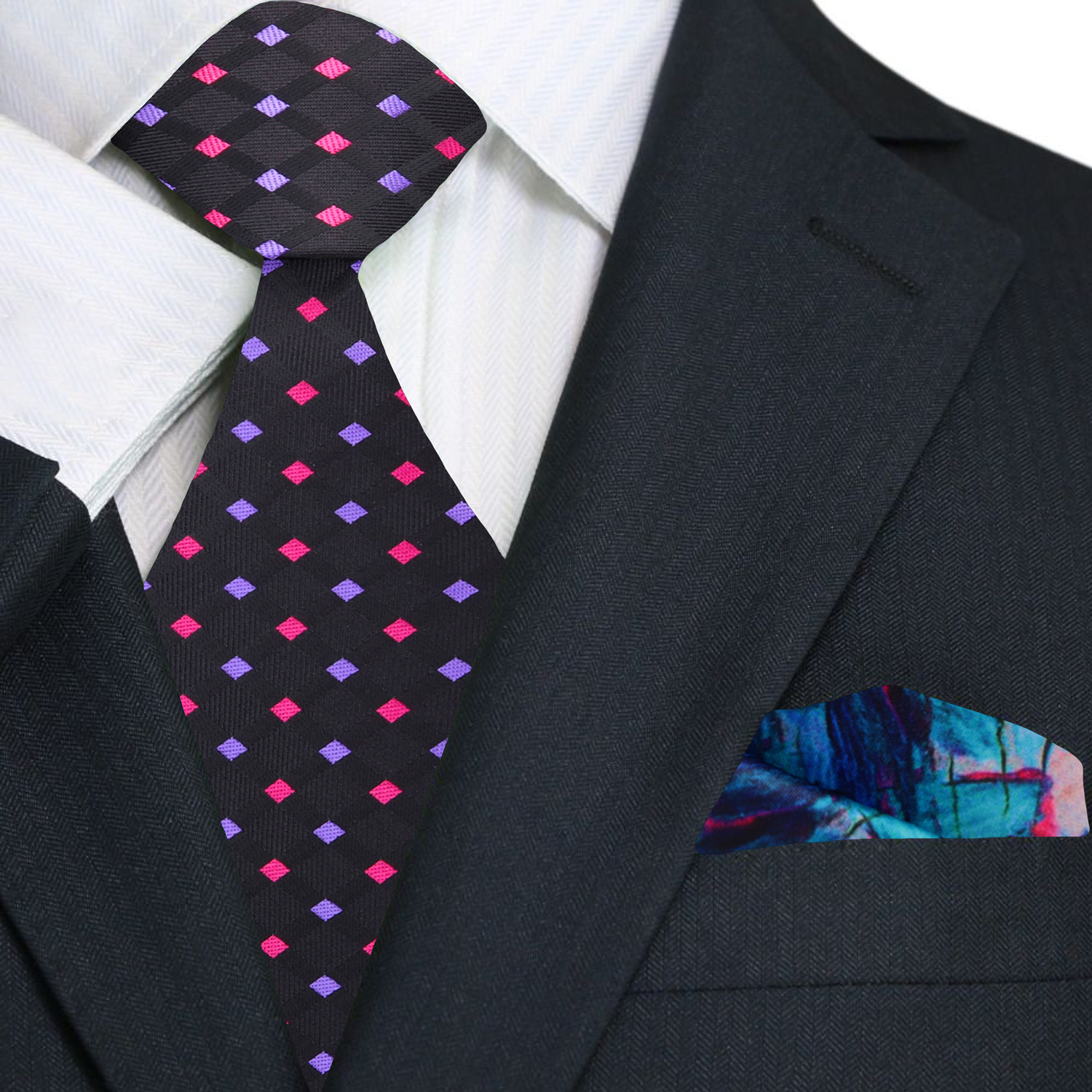 Midnight Diamond necktie styled with a white dress shirt and charcoal suit for formal events