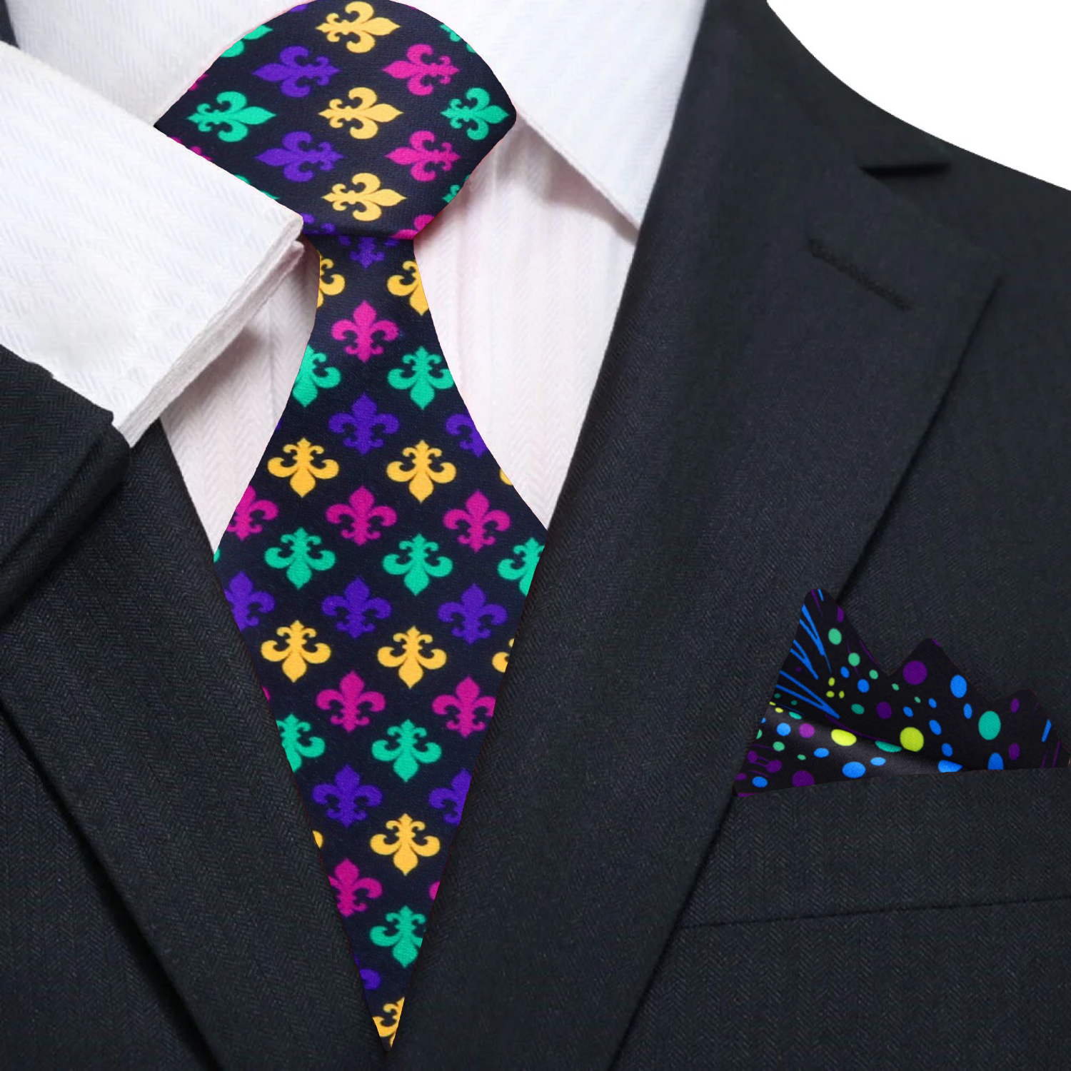 Close-up of the vibrant fleur de lis silk necktie with a bold black background, ideal for festive occasions.