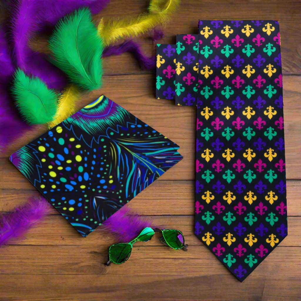 Detailed view of the necktie with matching pocket square, highlighting its vibrant colors and elegant silk texture.