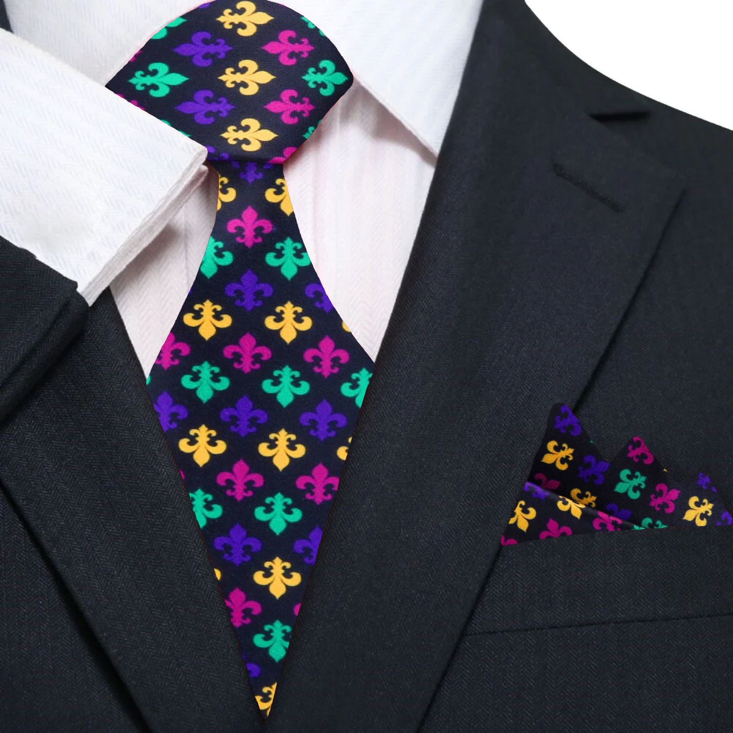 Close-up of the vibrant fleur de lis silk necktie with a bold black background, ideal for festive occasions.