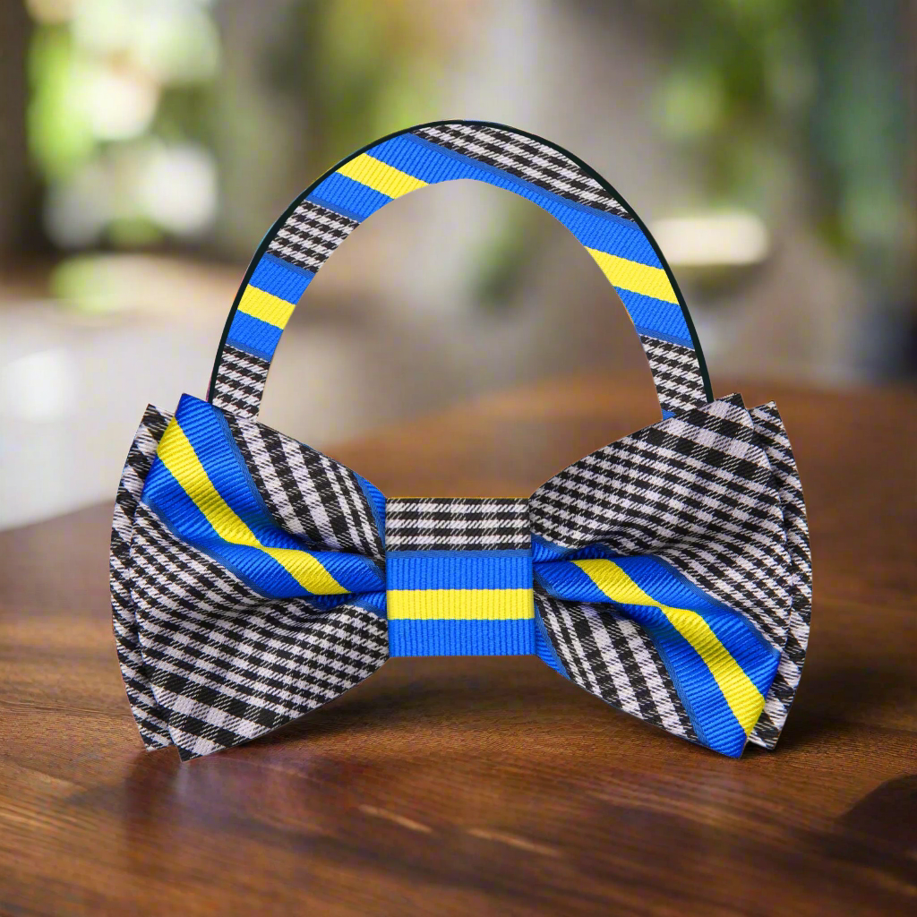 Stylish mens silk bow tie paired with a navy suit for formal events