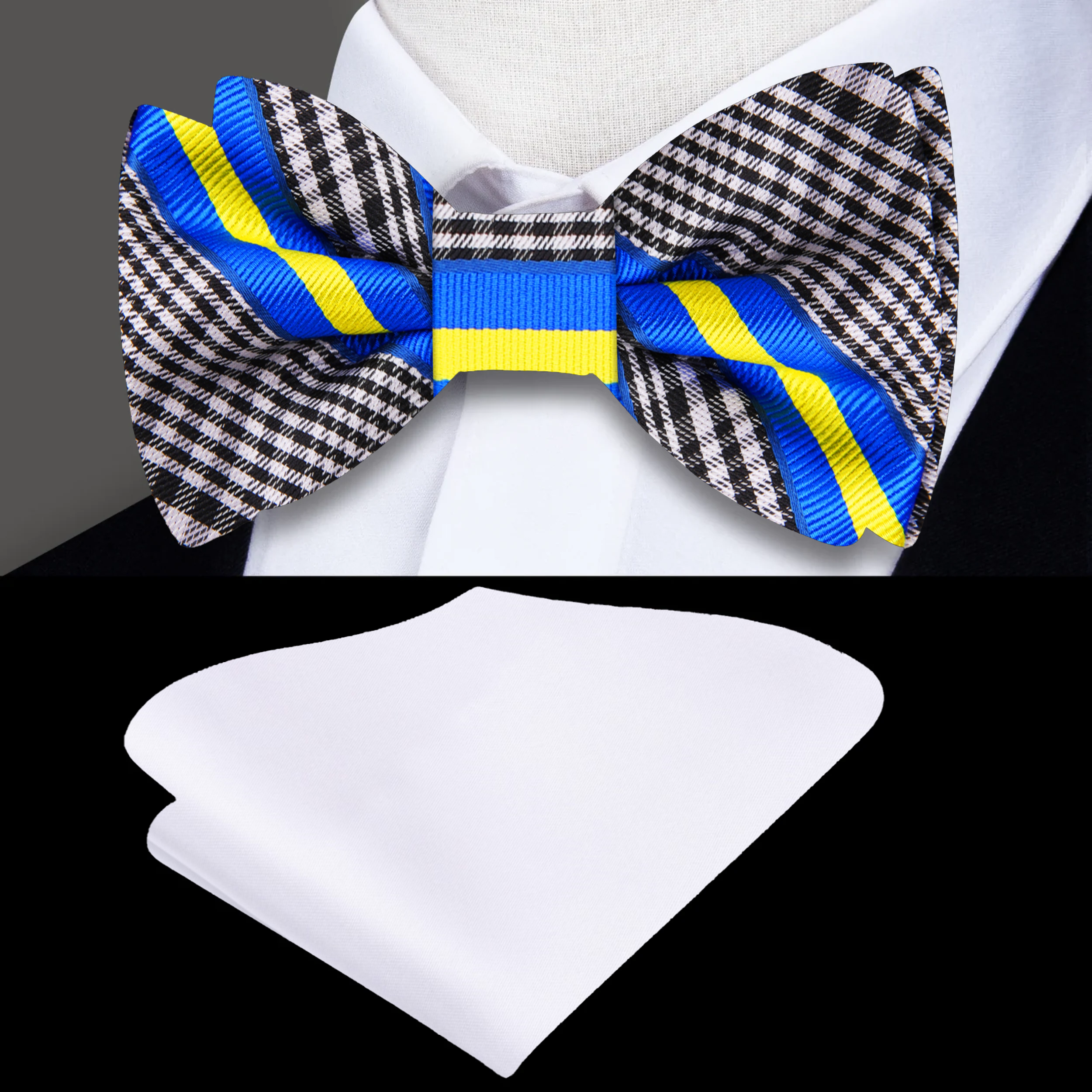 Close-up of a silk blue and white plaid bow tie with detailed fabric texture