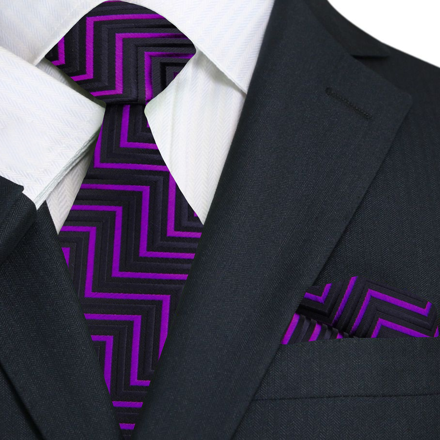 Black silk herringbone tie with a close-up view showing the detailed pattern, ideal for formal wear