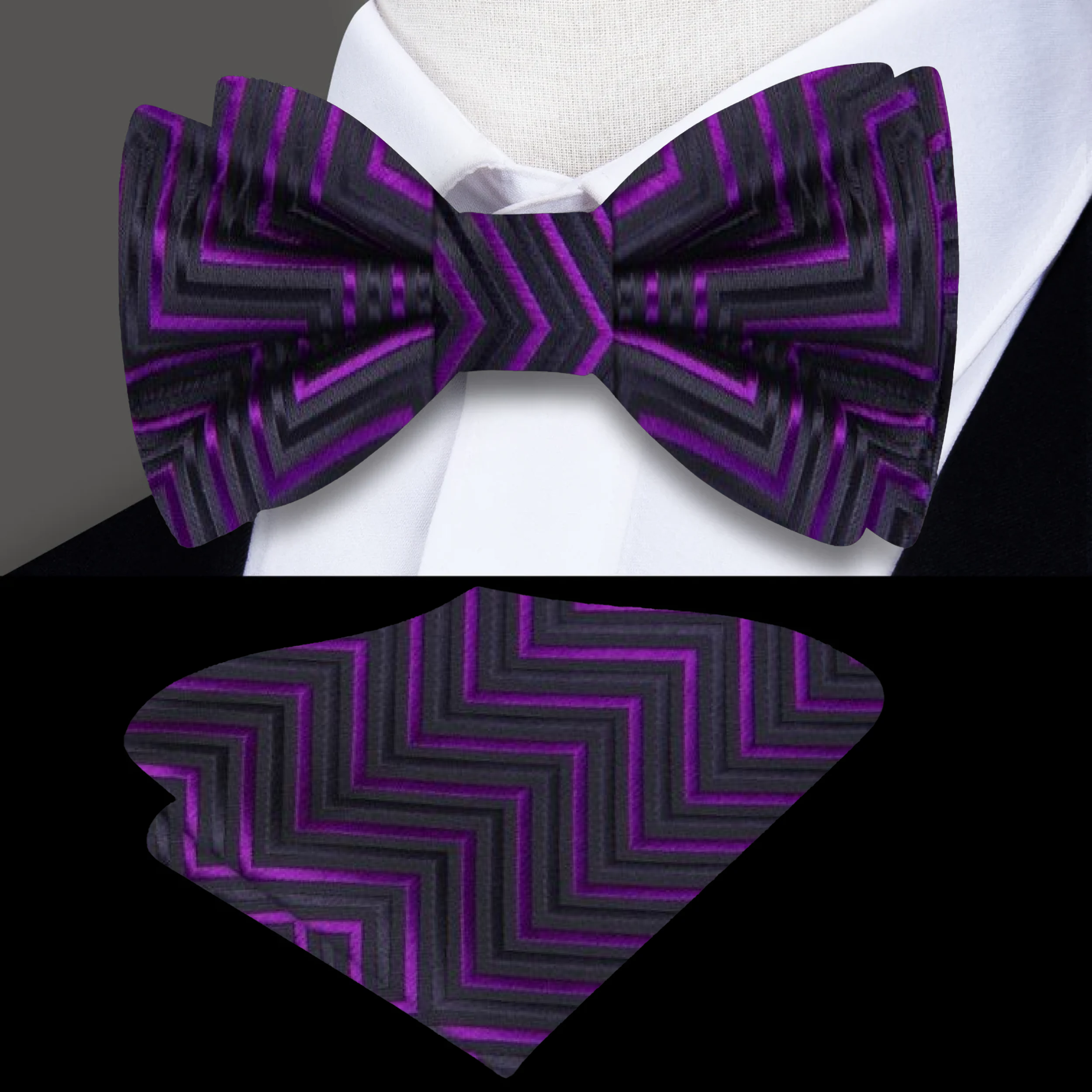 Matching pocket square for a stylish silk bow tie, ideal for formal events
