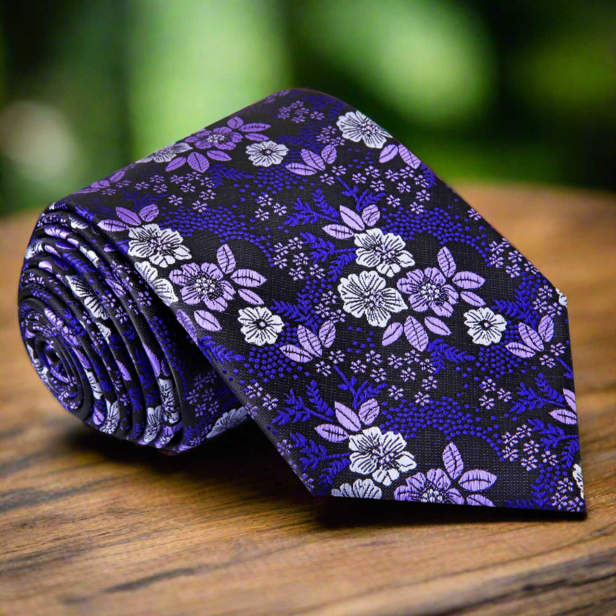 Close-up of floral necktie with small flower pattern in vibrant colors