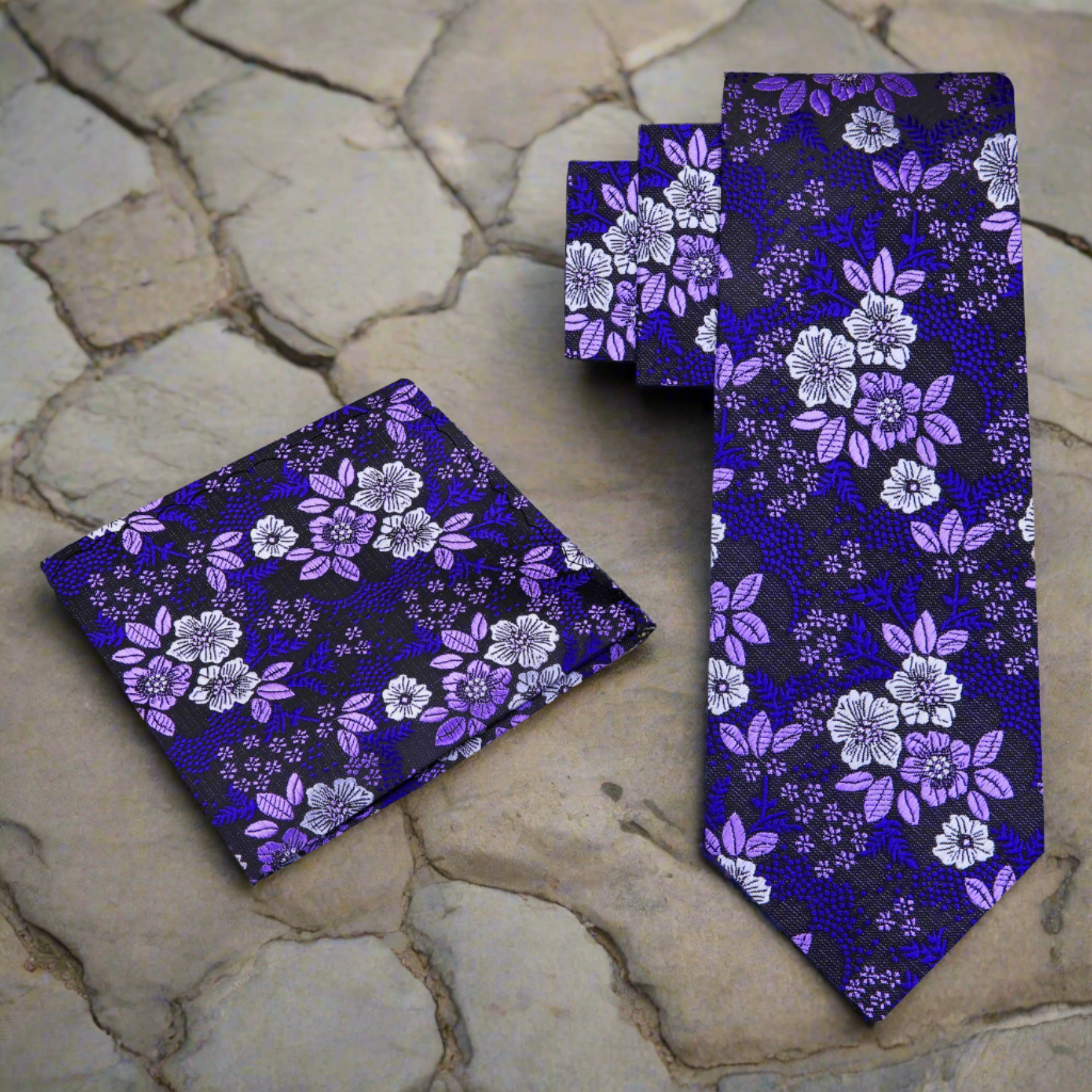 Detailed view of silk tie fabric showcasing intricate floral design