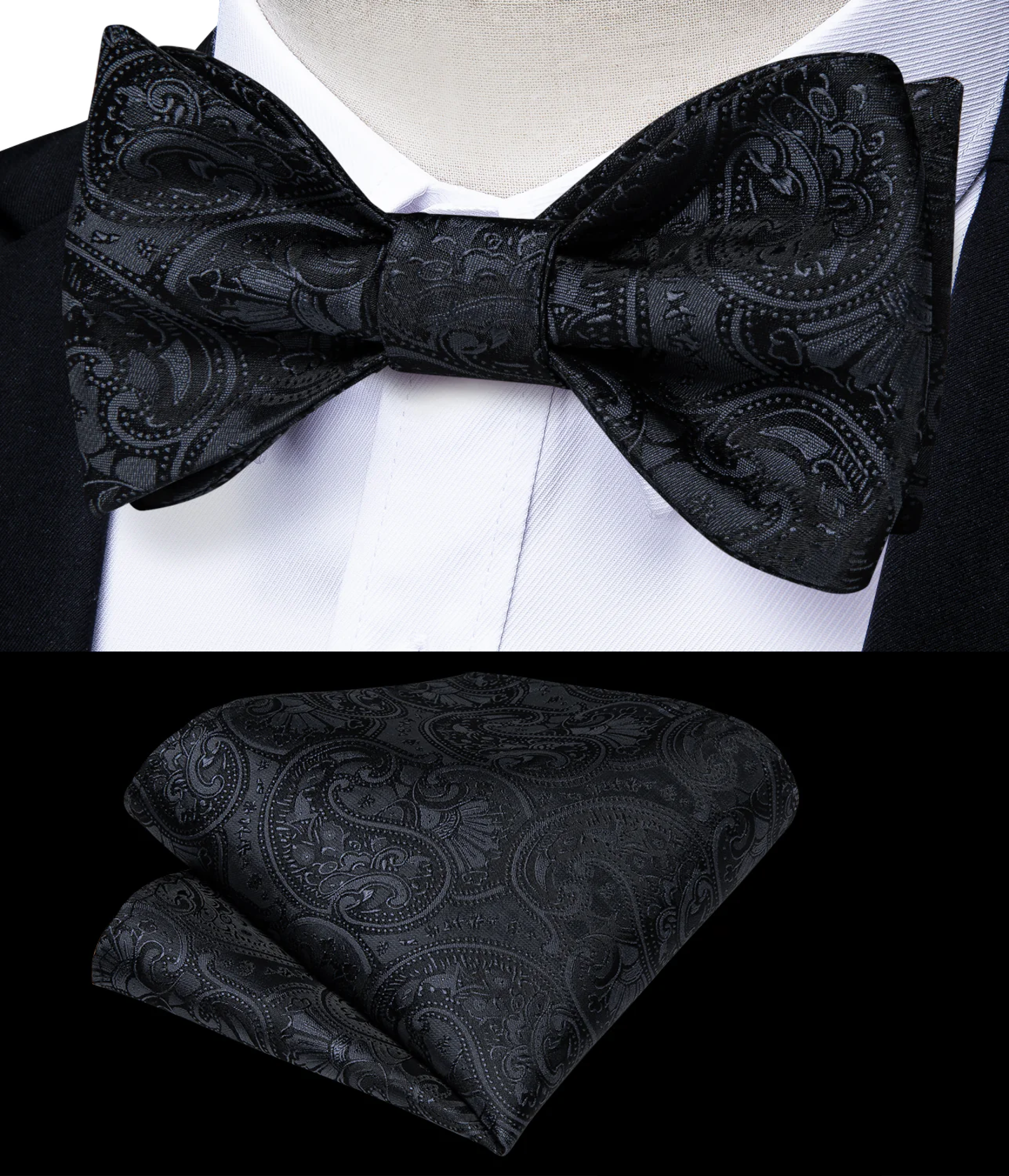 Elegant paisley self-tie bow tie in black and charcoal for weddings