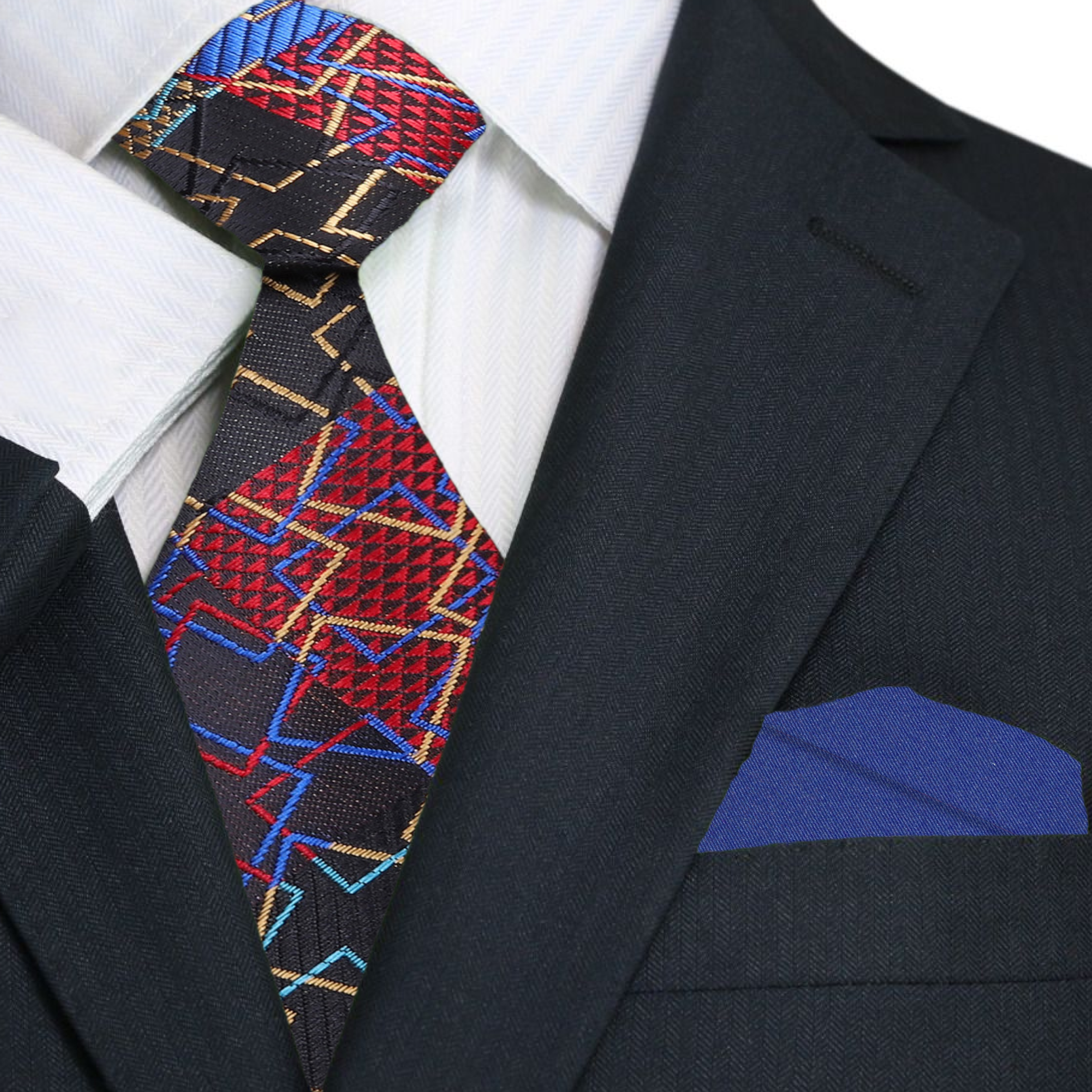 Mens formal outfit featuring a silk necktie with abstract pattern