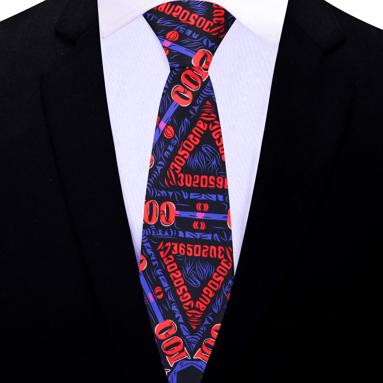 Close-up of the bold mens tie with green and yellow dollar bill designs against a black background, perfect for casino night.