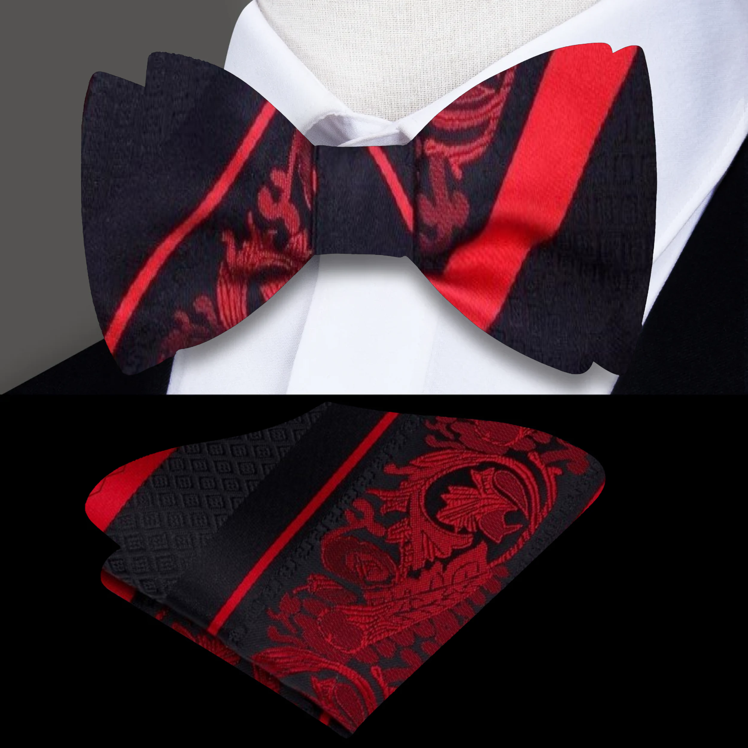 Man adjusting a silk floral bow tie with vibrant blue pattern