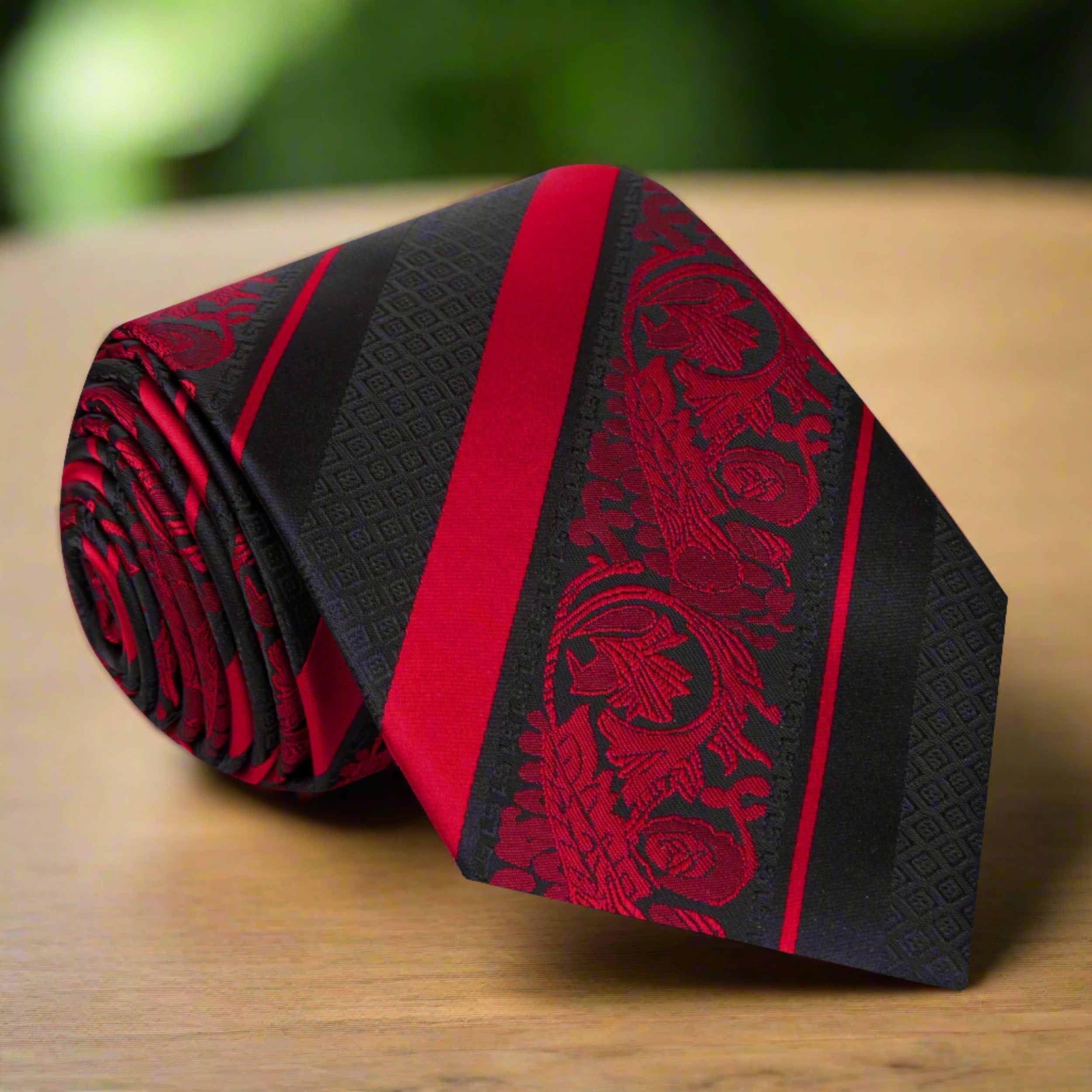 Close-up of Cadenza neckties intricate floral design, ideal for weddings and upscale gatherings.