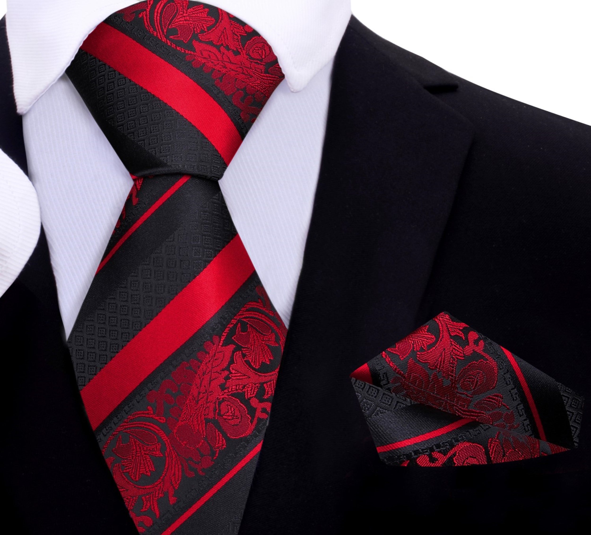 Elegant floral silk necktie displayed with matching pocket square, showcasing vibrant colors.