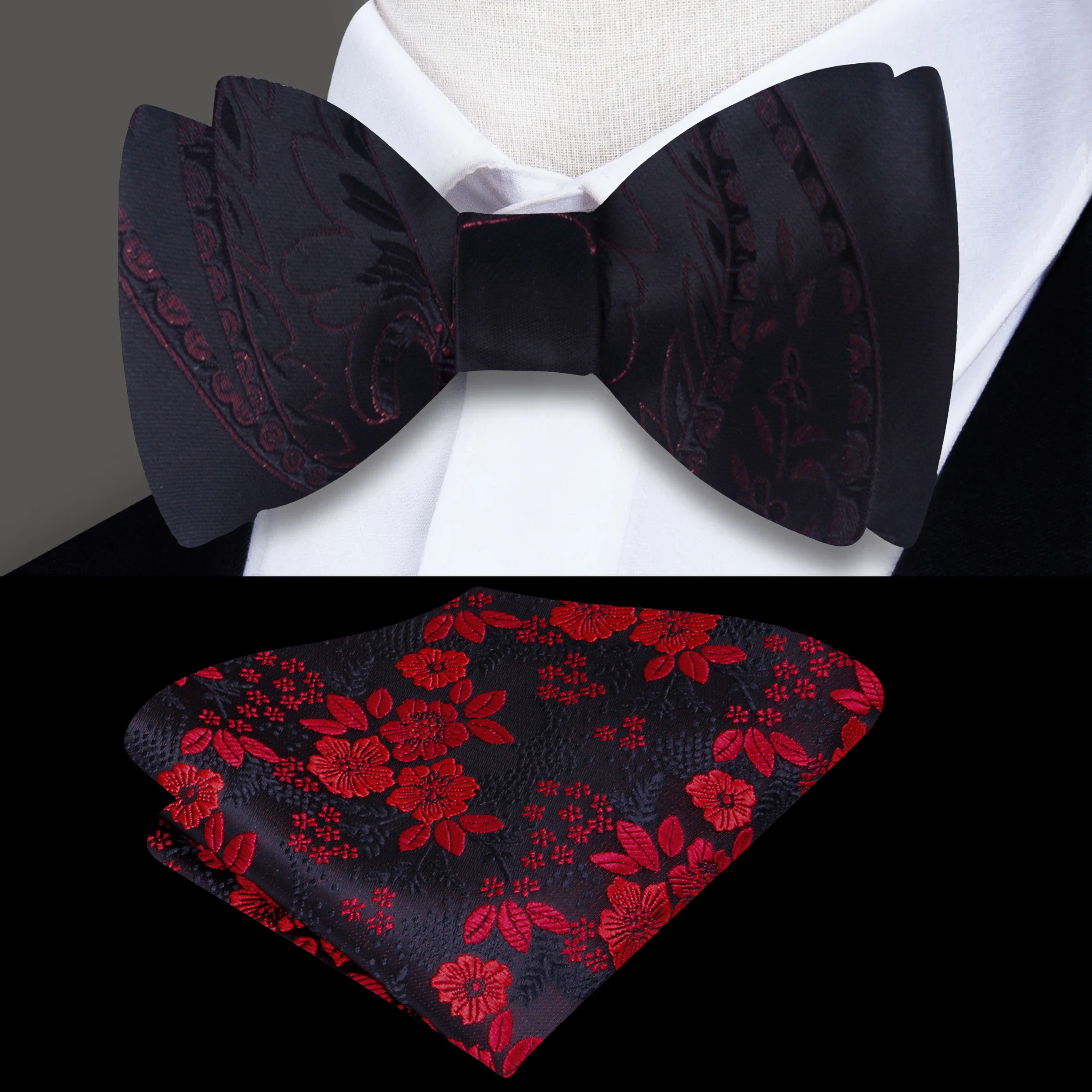 Self-tie bow tie in paisley pattern displayed on a white shirt for special occasion