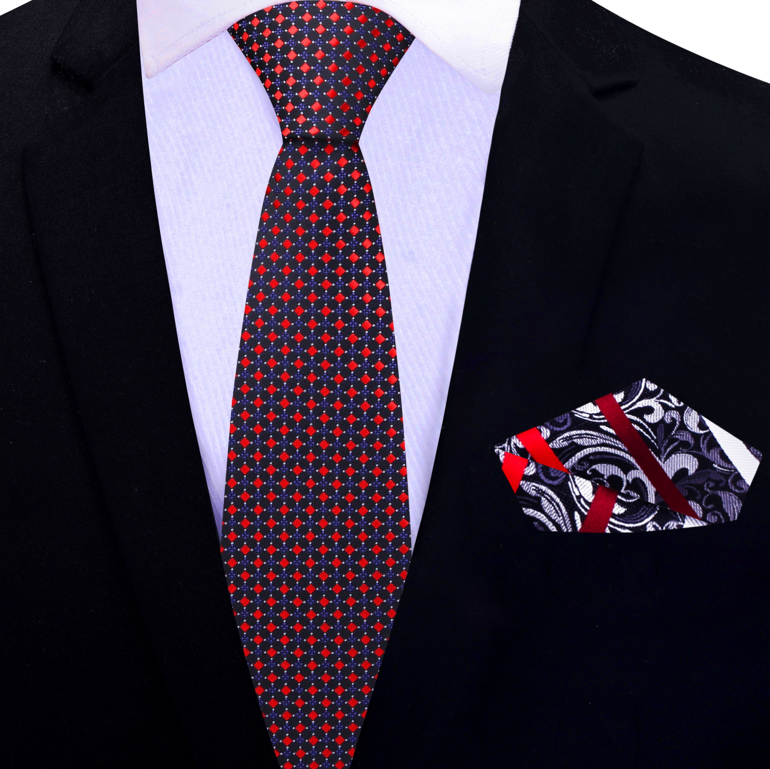 Close-up of the playful dot pattern on the silk tie