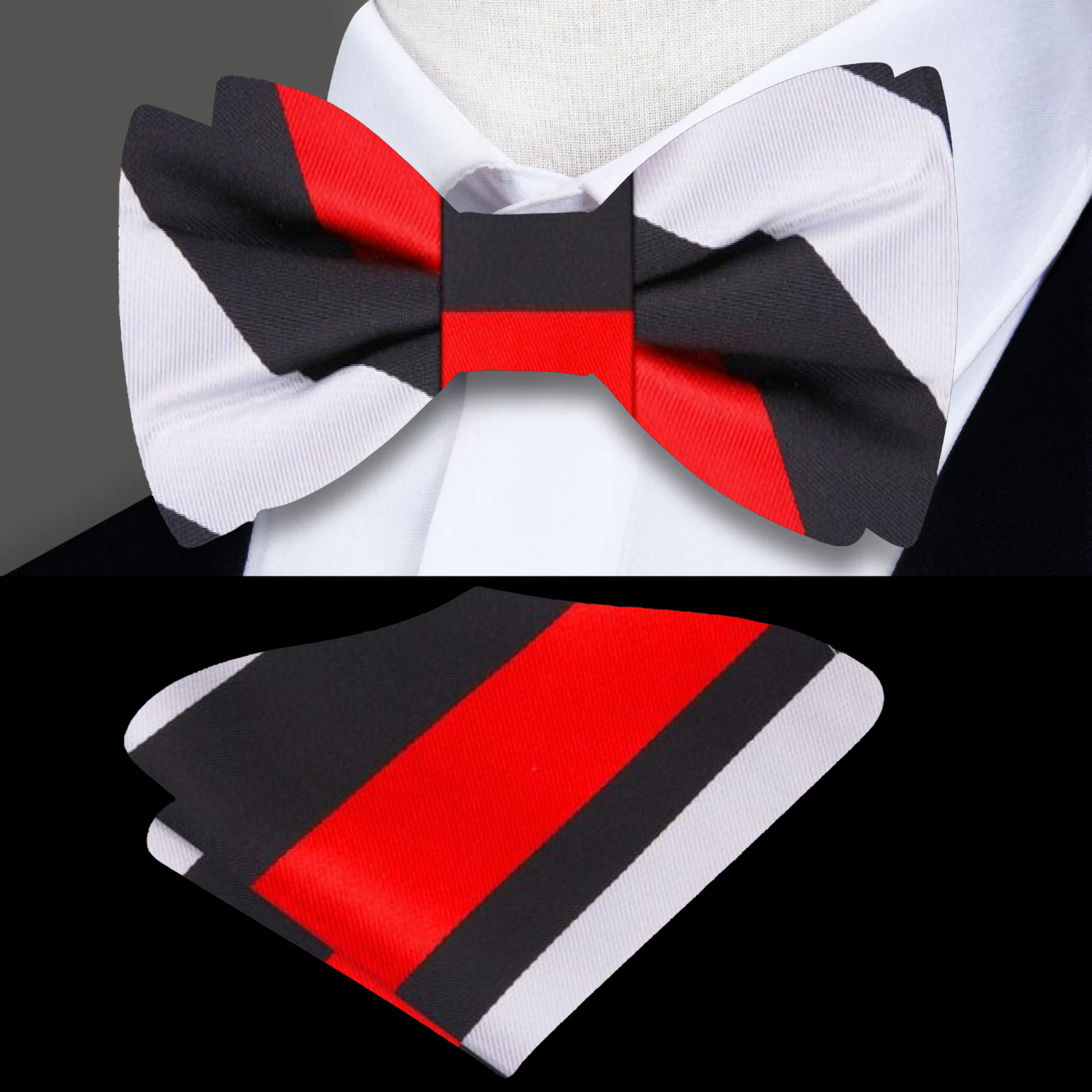 Close-up of a vibrant silk stripe bow tie with matching pocket square for formal occasions