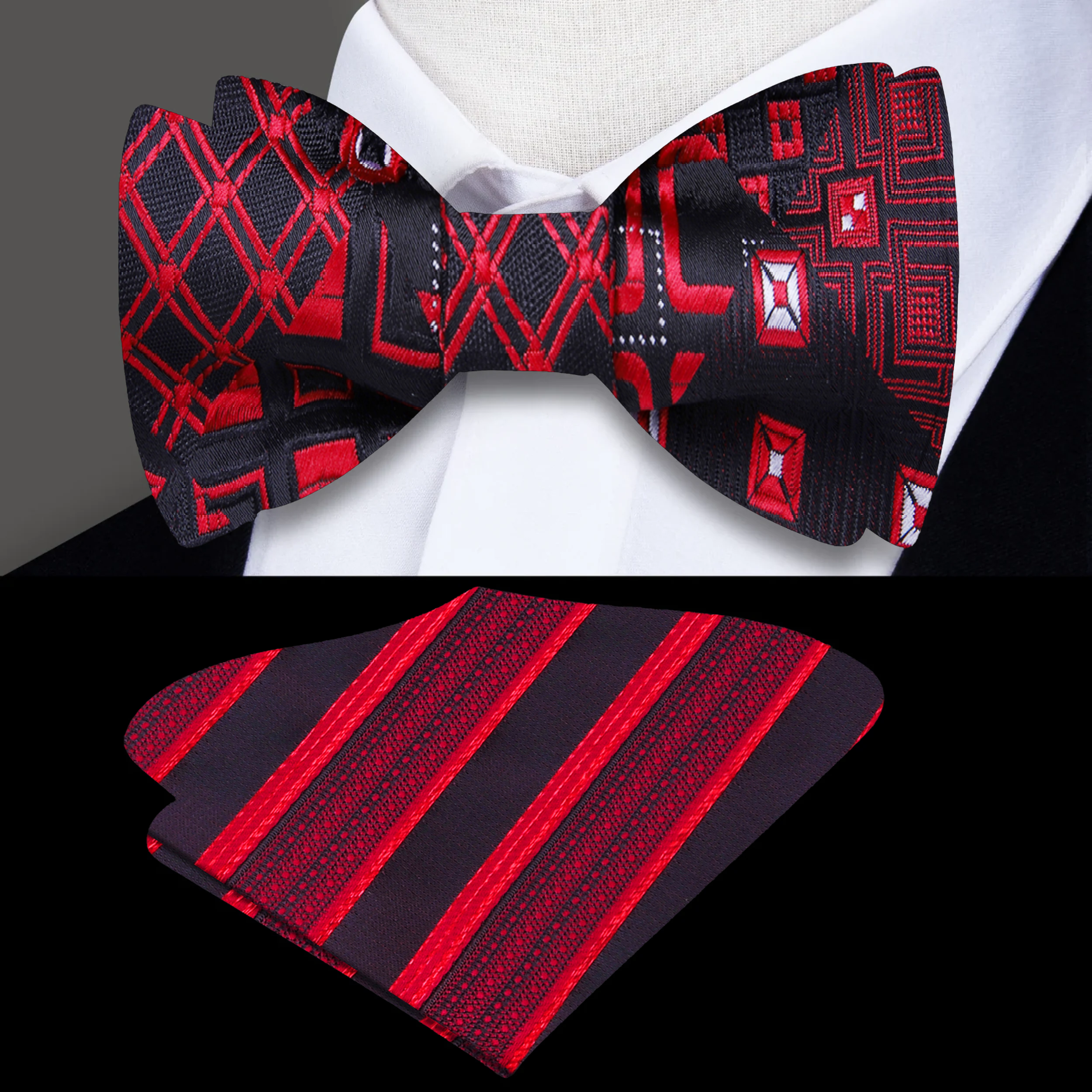 Close-up of a red and grey abstract silk bow tie for men
