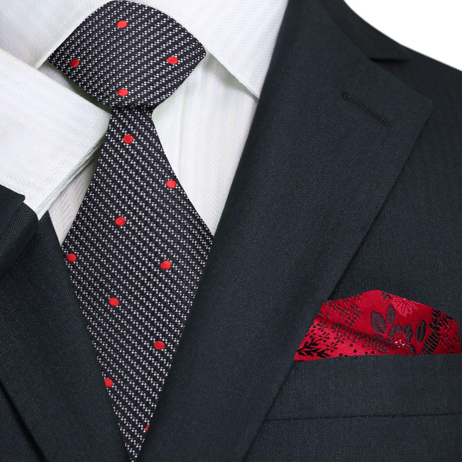 Black and red polka dot necktie displayed on a hanger, ideal for weddings or formal events
