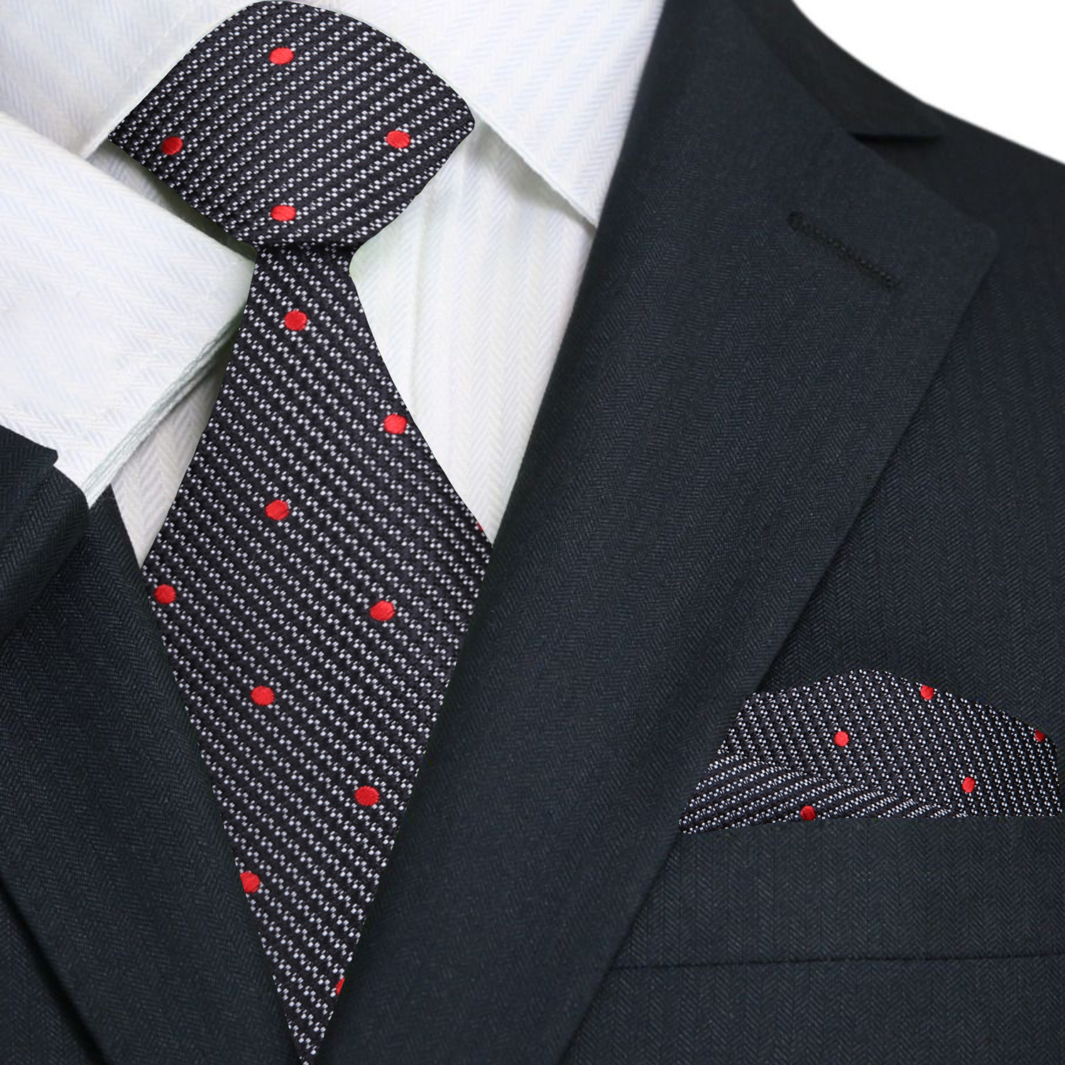 Black and red polka dot necktie displayed on a hanger, ideal for weddings or formal events