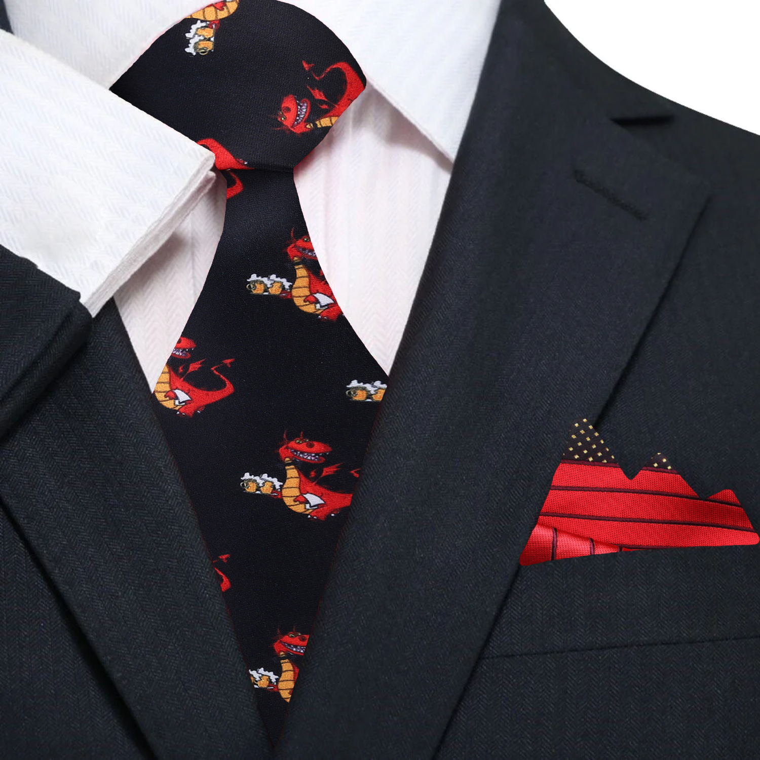 Close-up of whimsical dragon silk necktie with red and yellow accents