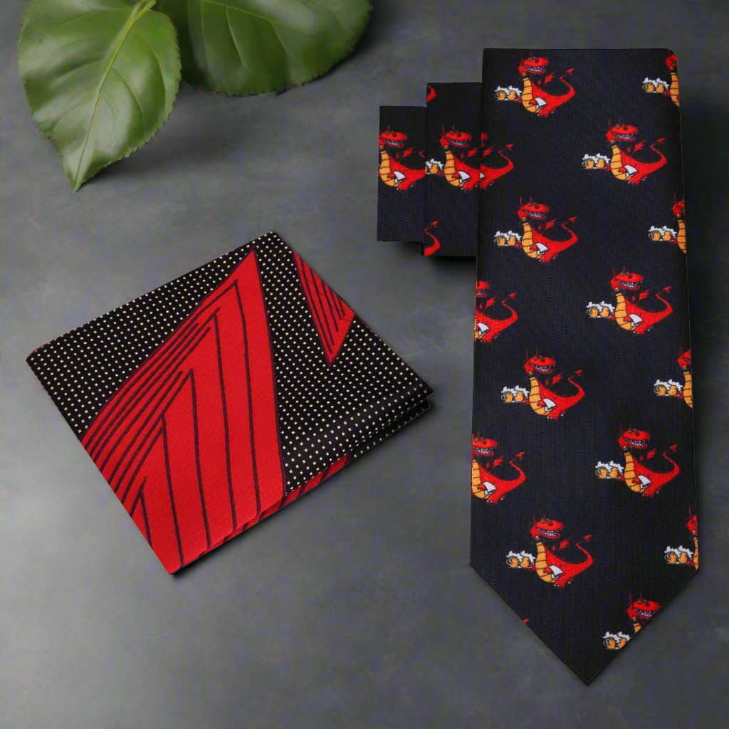 Fashionable man wearing a dragon-themed silk tie at a social event