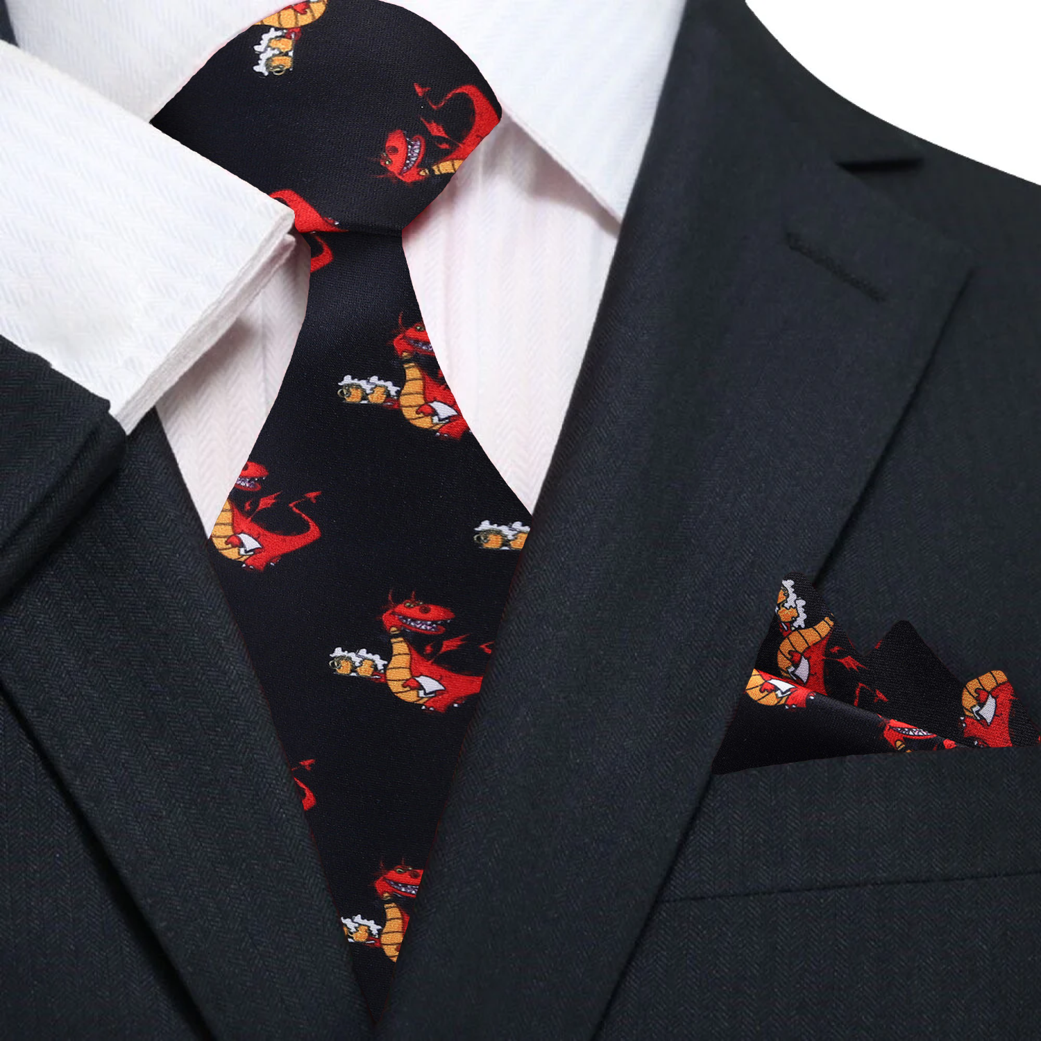 Close-up of whimsical dragon silk necktie with red and yellow accents
