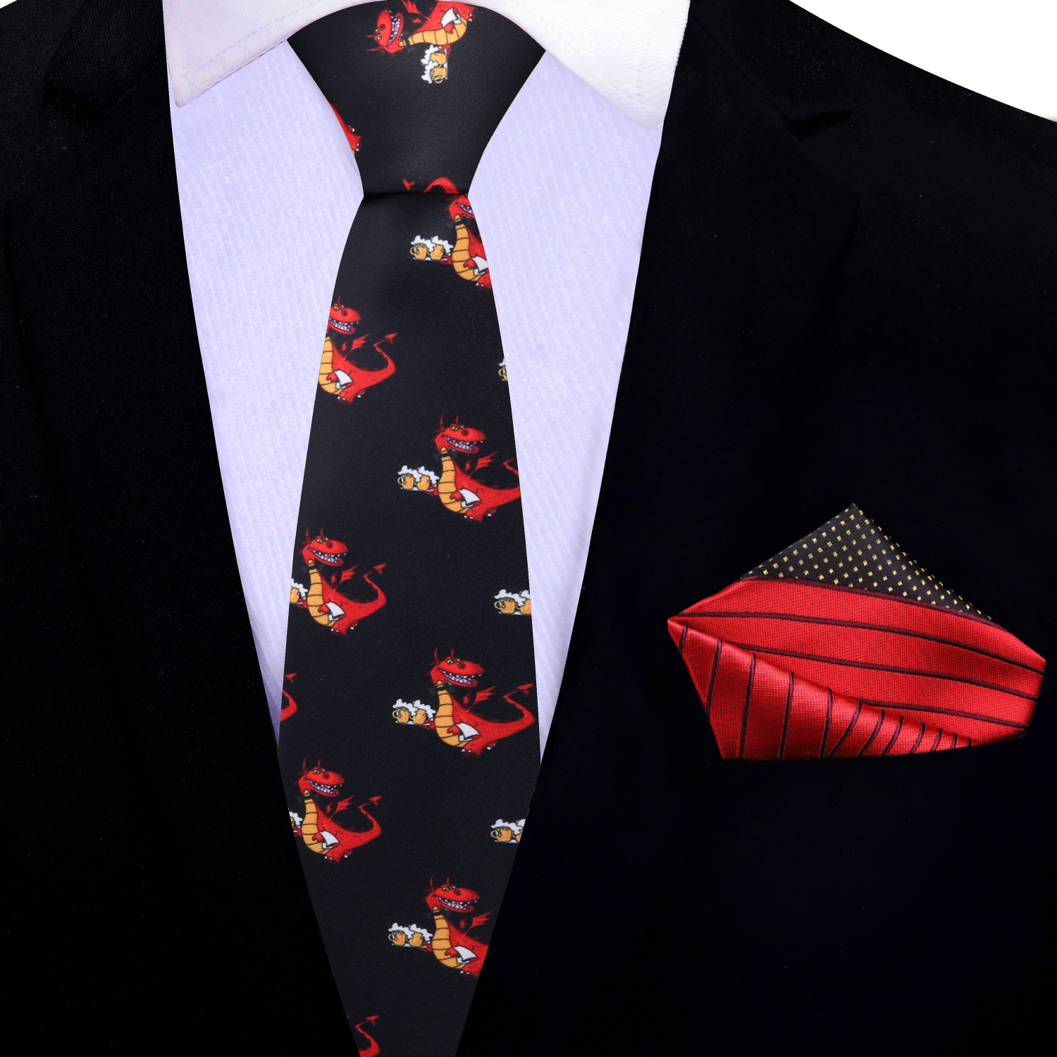 Mens tie styled with a dark grey suit for a playful yet professional look