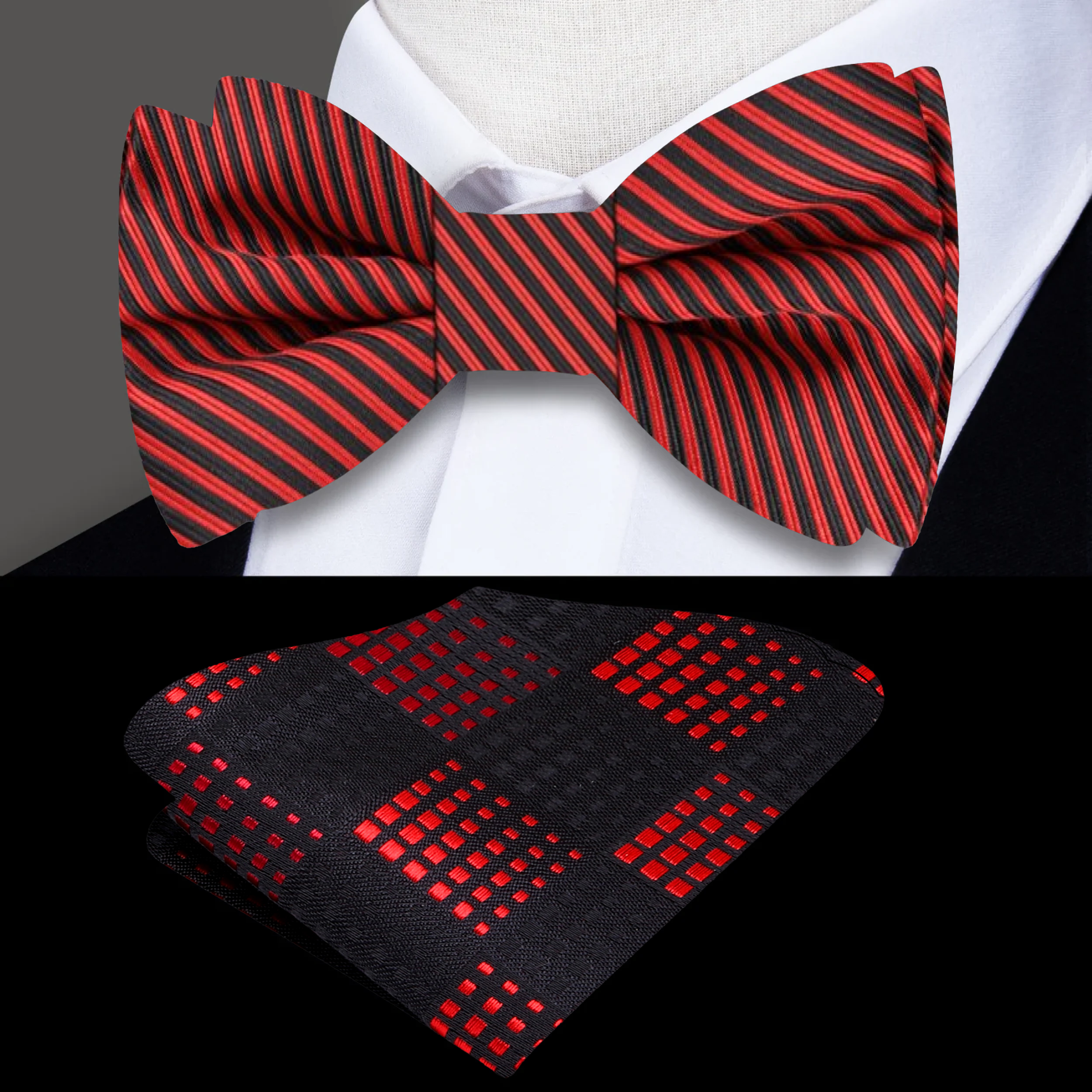 Elegant black and red pinstripe silk bow tie worn with a formal suit