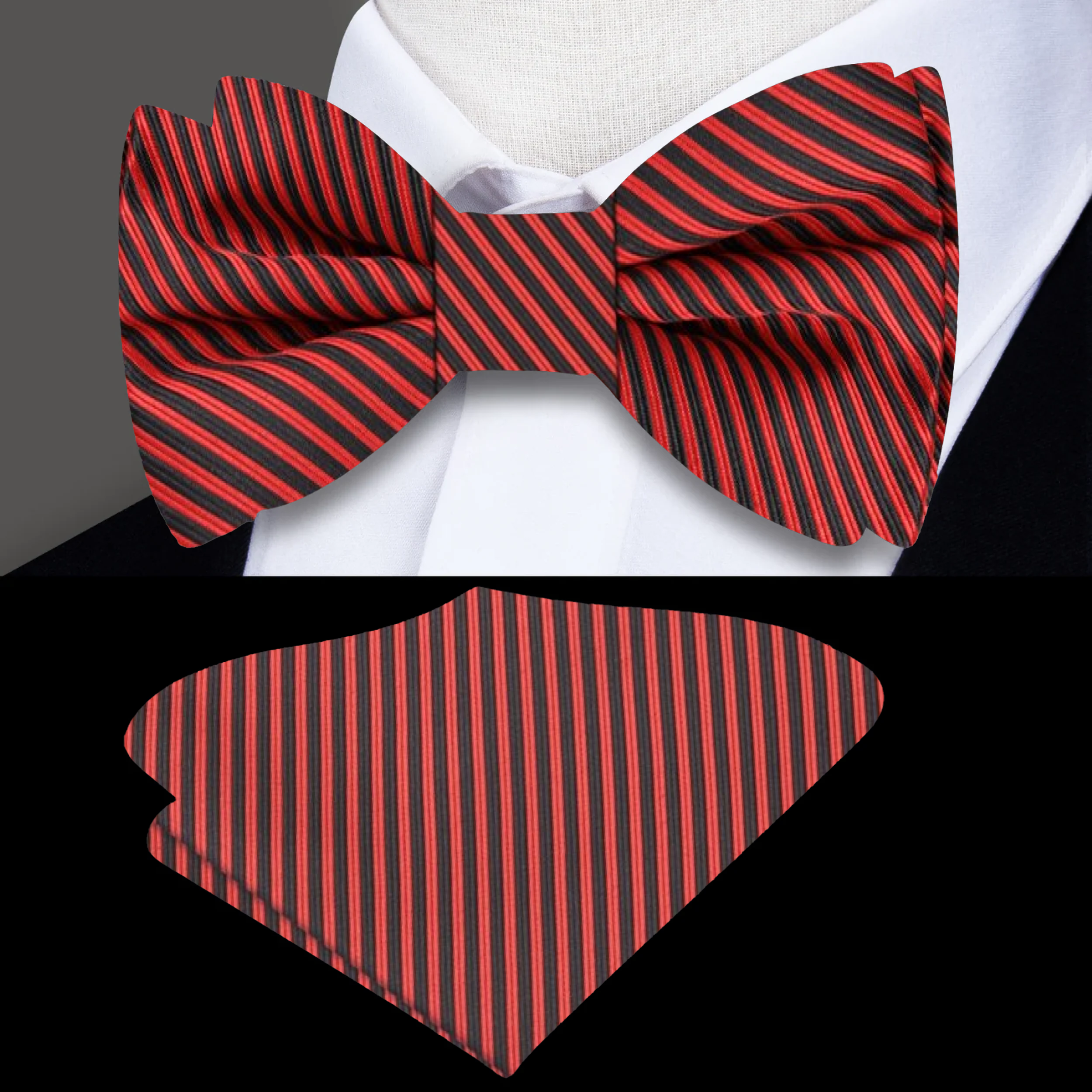 Close-up of adjustable silk bow tie for men, featuring bold pinstripe pattern