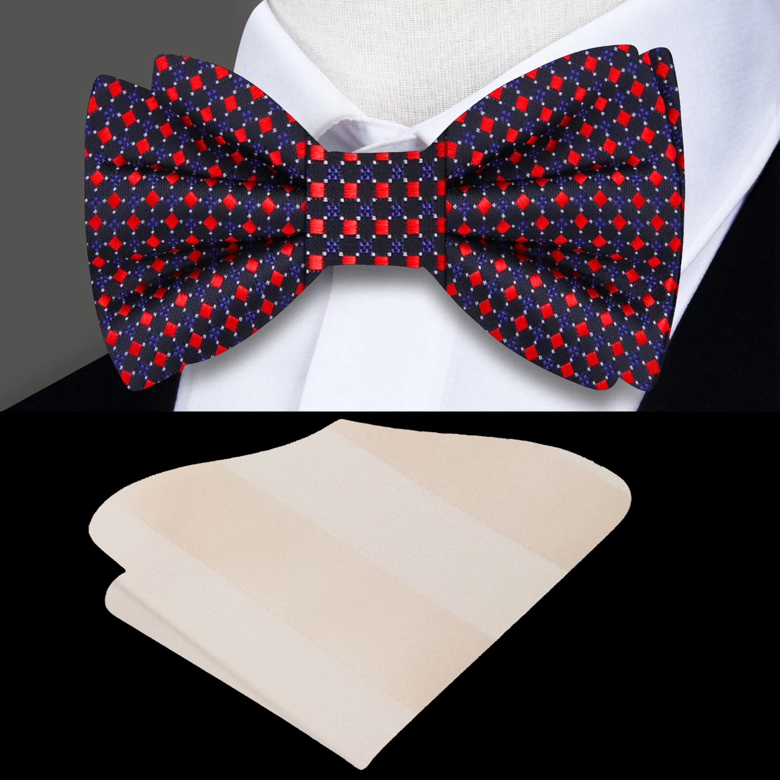 Garriston silk check bow tie styled with a crisp white dress shirt, perfect for weddings and galas.