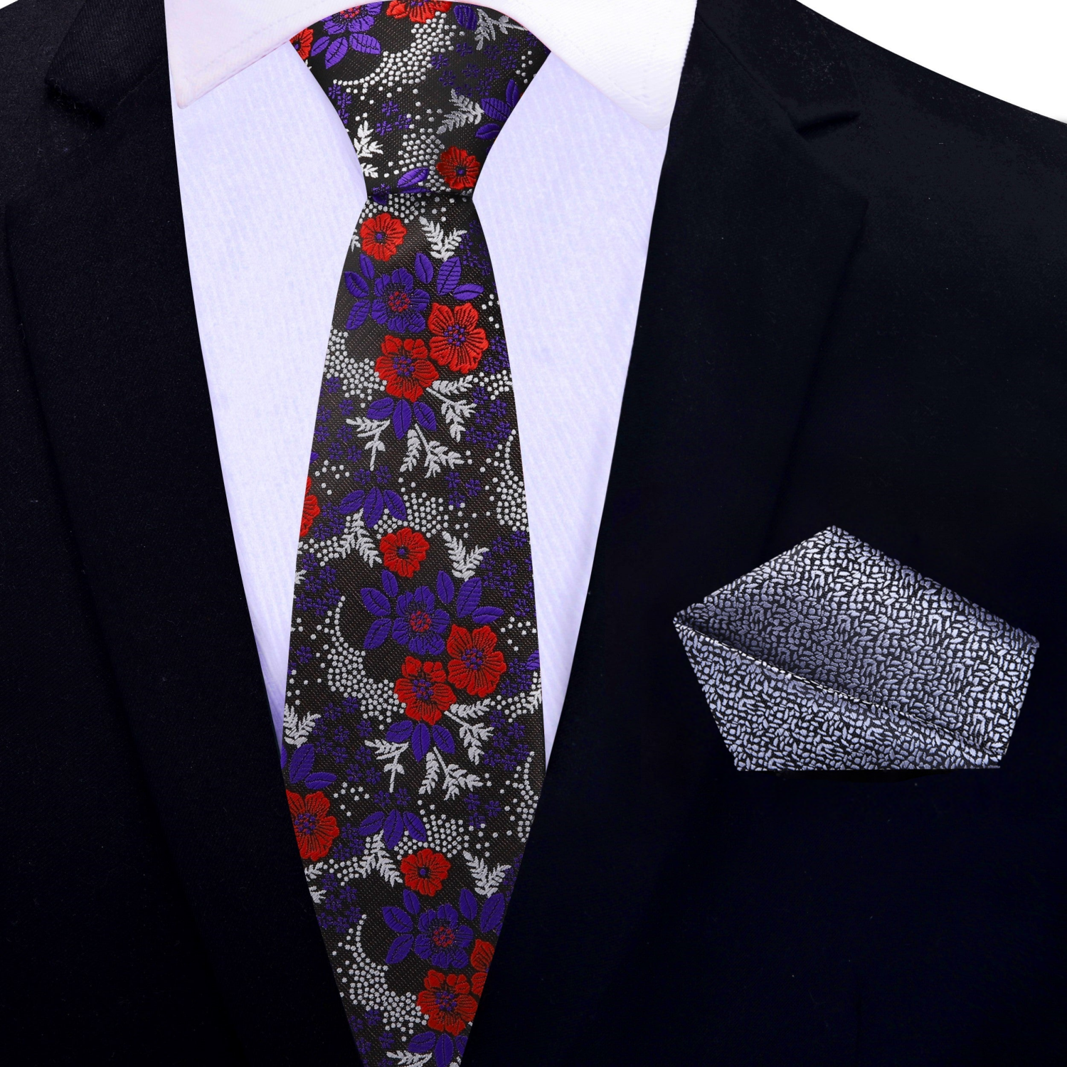 Vibrant floral silk necktie in black, red, purple, and silver for formal occasions