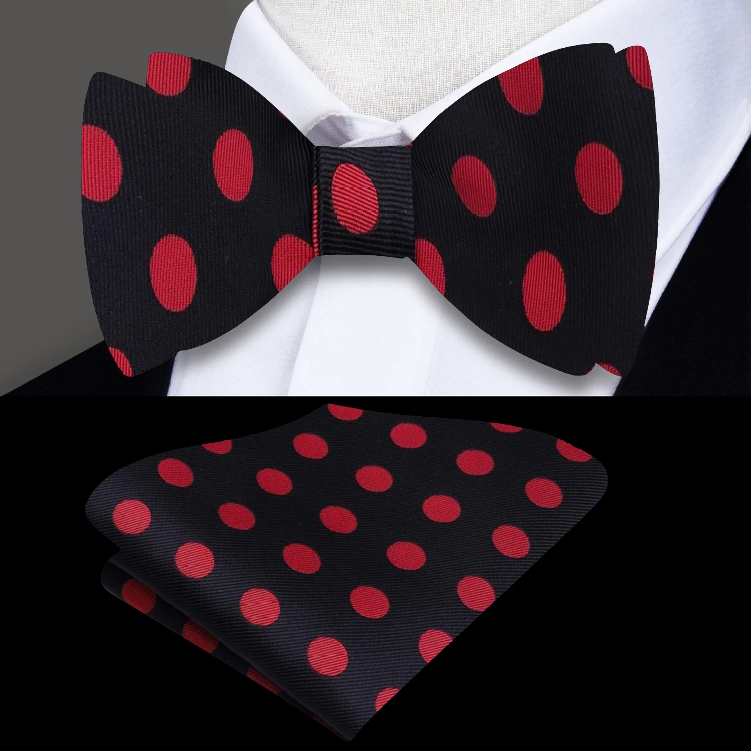 Close-up of elegant polka dot pre-tied bow tie in vibrant orange and blue colors