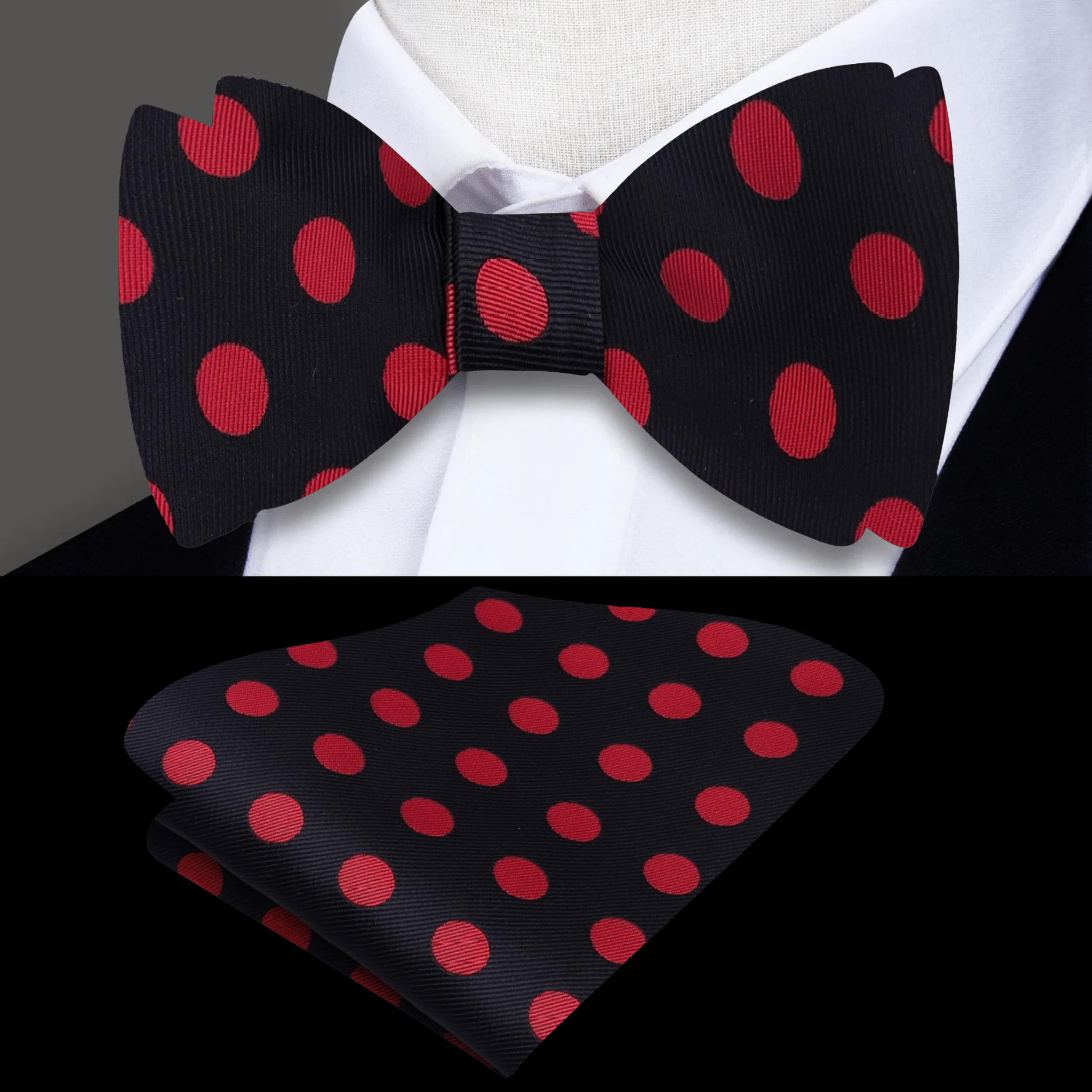 Close-up of a charming polka dot self-tie bow tie in blue with grey dots, highlighting its silk texture.