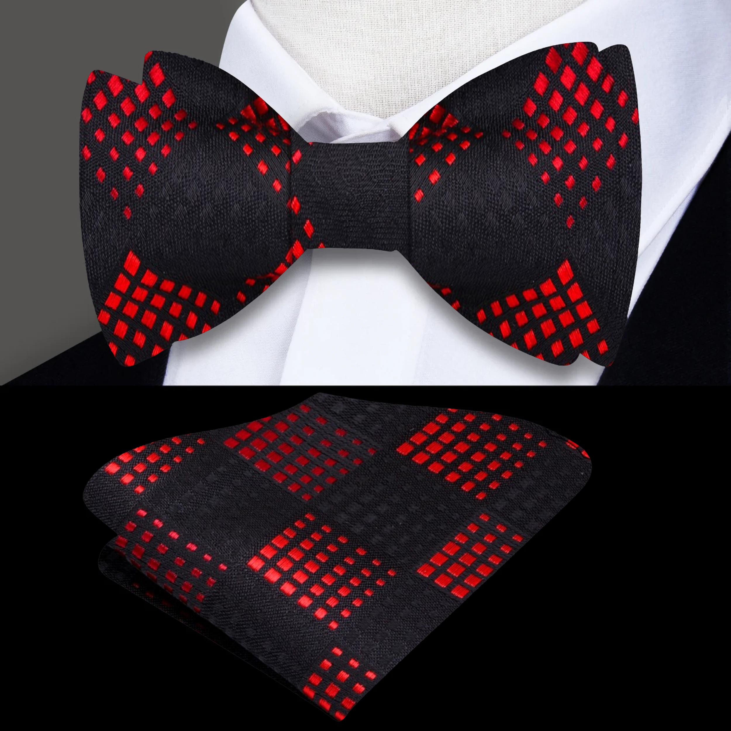 Elegant Geometric Self-Tie Bow Tie displayed against a formal setting, emphasizing its black and silver geometric design.