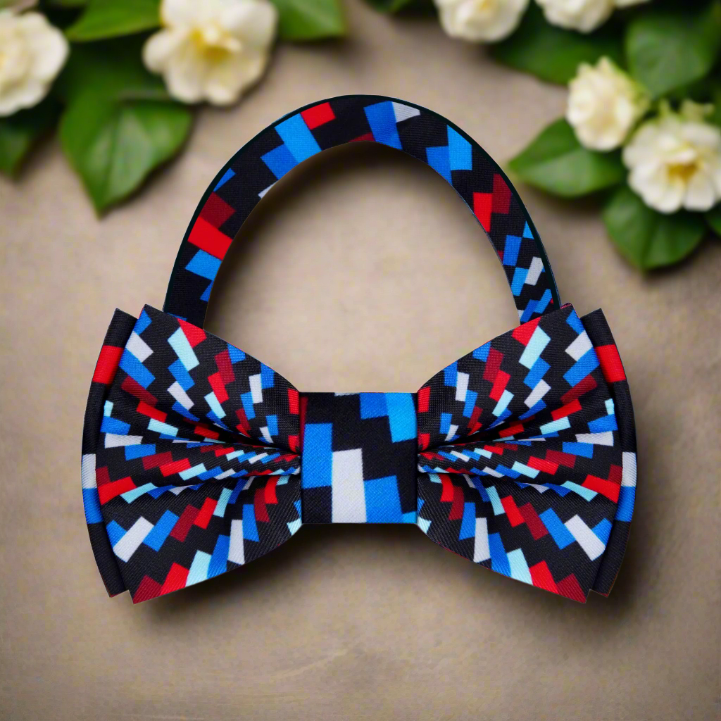 Close-up of the swirling geometric design on the patriotic bow tie, highlighting the color contrast.