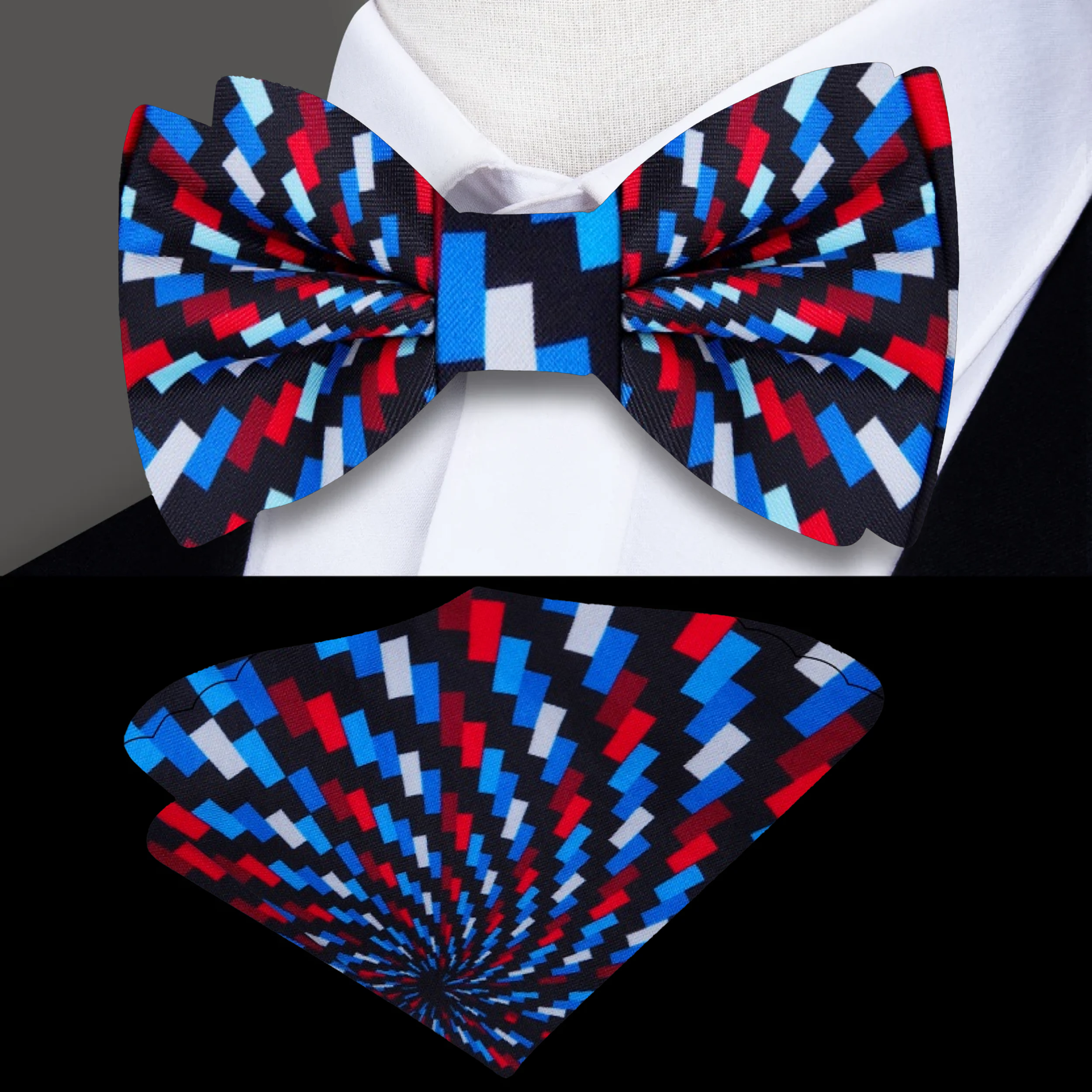 Front view of the vibrant red, white, and blue self-tie bow tie, showcasing its abstract pattern and adjustable features.