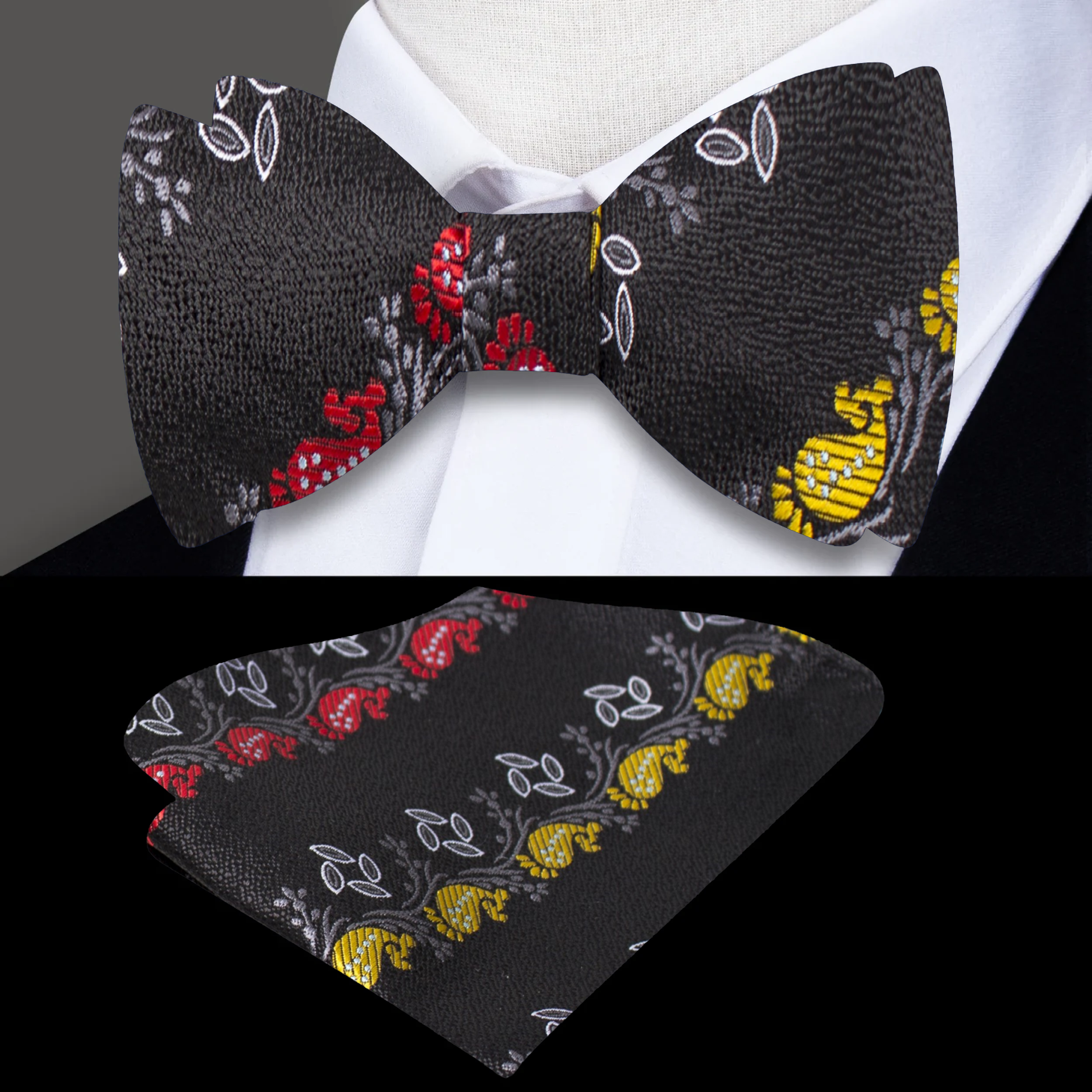 Close-up of the black paisley bow tie showcasing intricate patterns and vibrant colors.