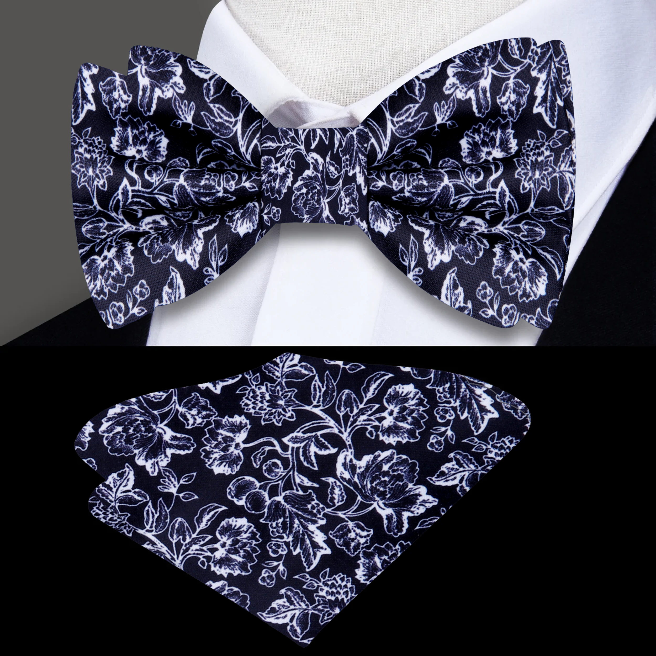 Elegant black silk bow tie with intricate filigree design, perfect for weddings