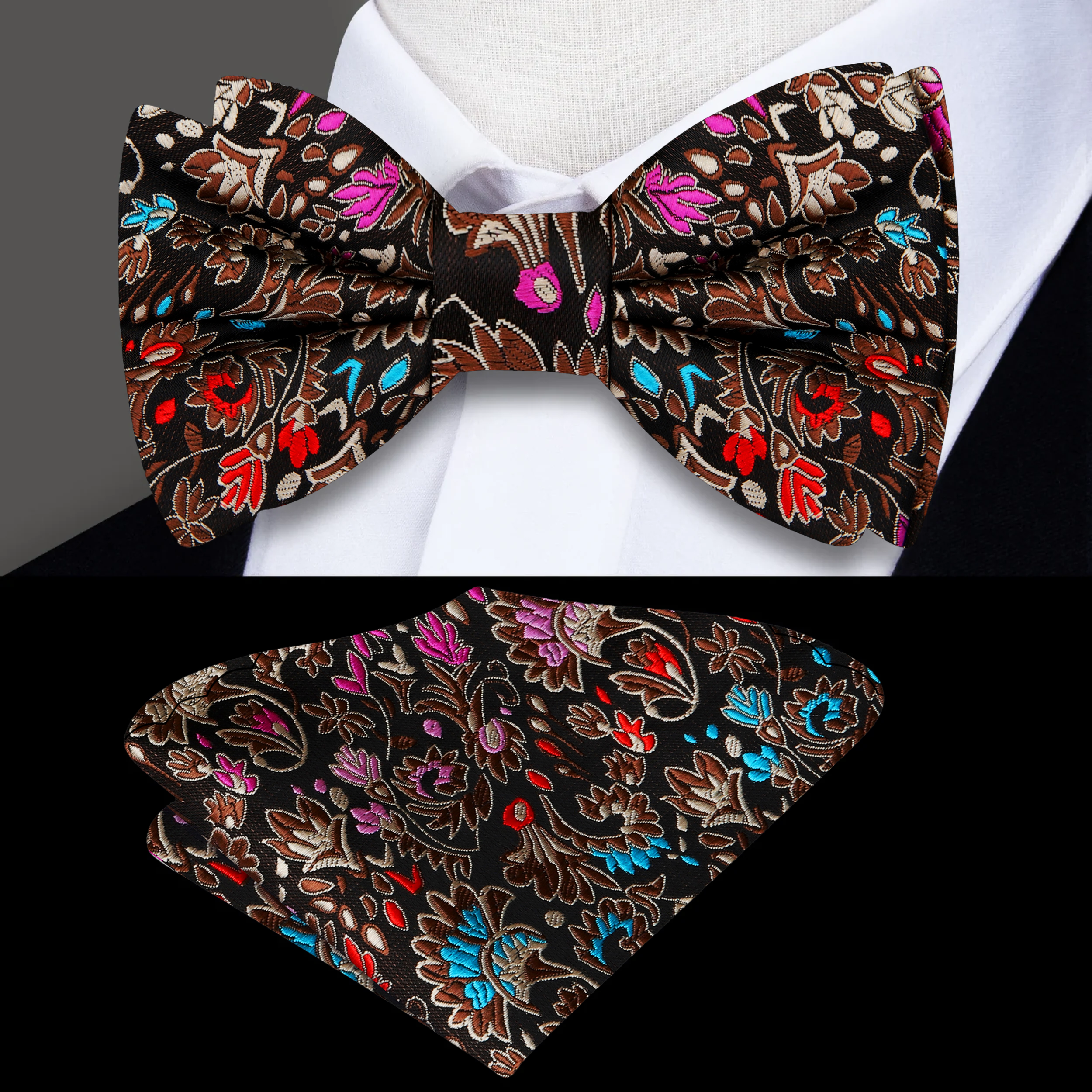 Fashionably styled floral bow tie paired with a white dress shirt for garden parties