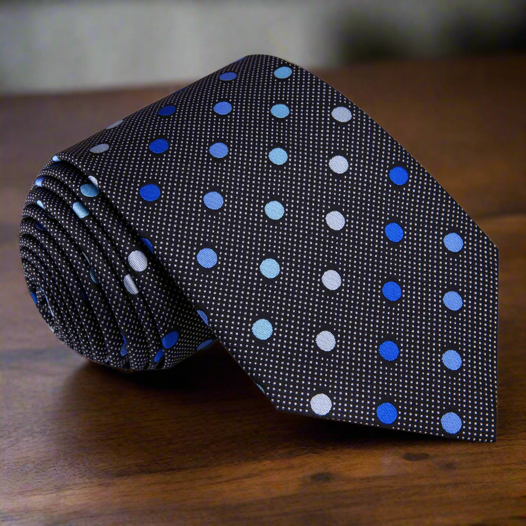 Black silk necktie with blue polka dots, ideal for business attire and formal events