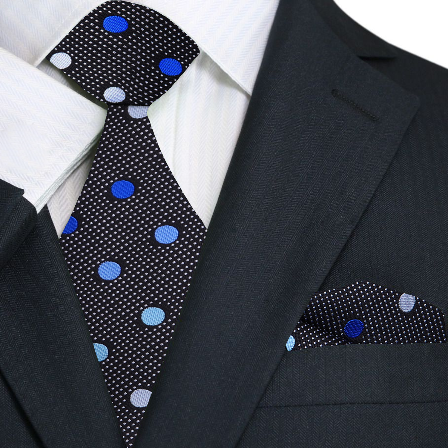 Black silk necktie with blue polka dots, ideal for business attire and formal events