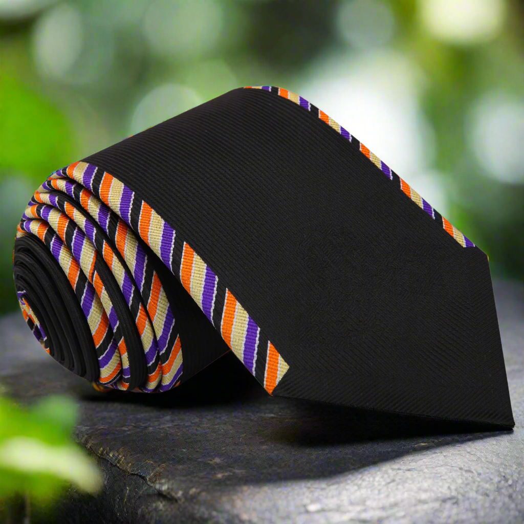 Front view of the black silk necktie with purple and orange border patterns for formal events