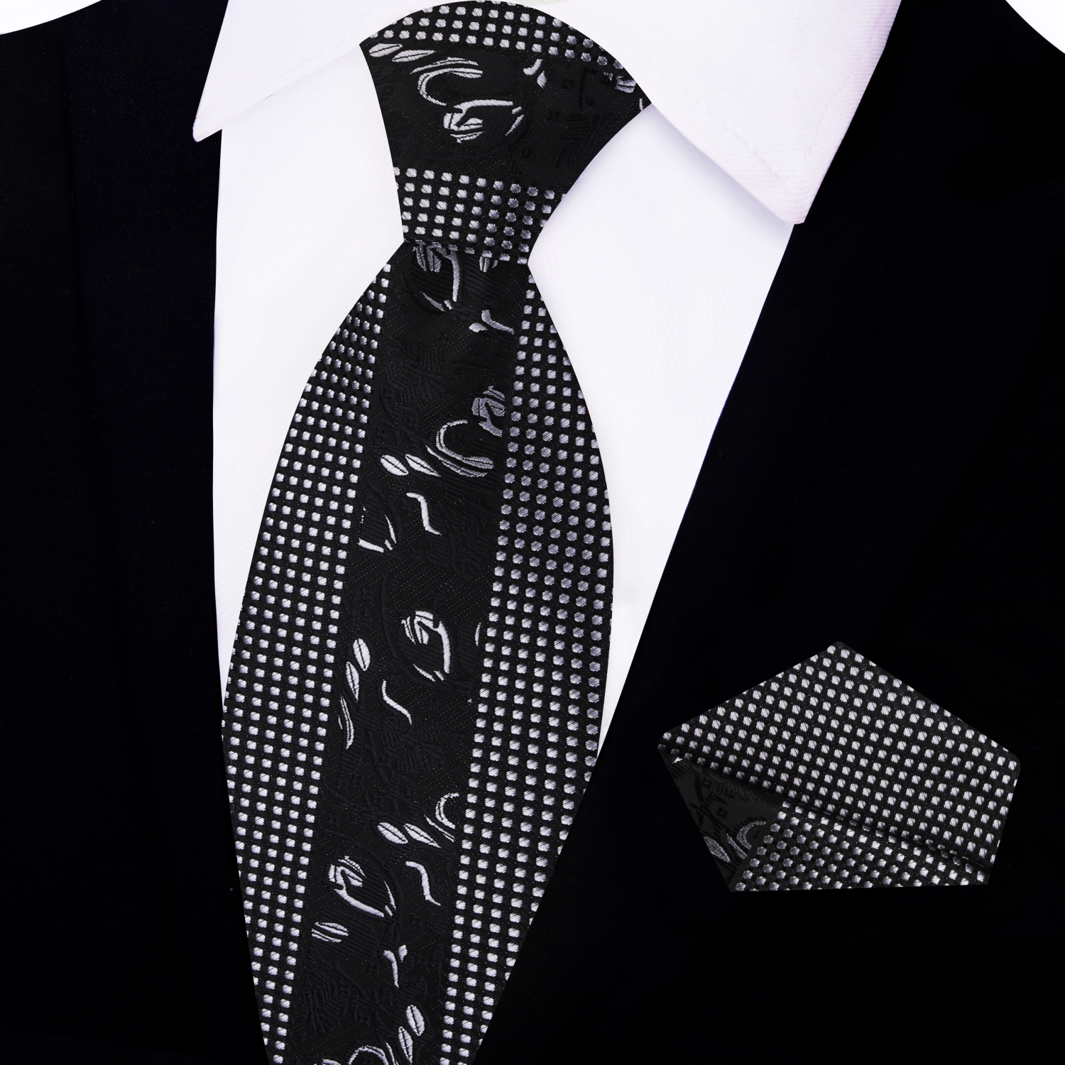 Close-up of black and silver silk necktie with floral design for formal occasions