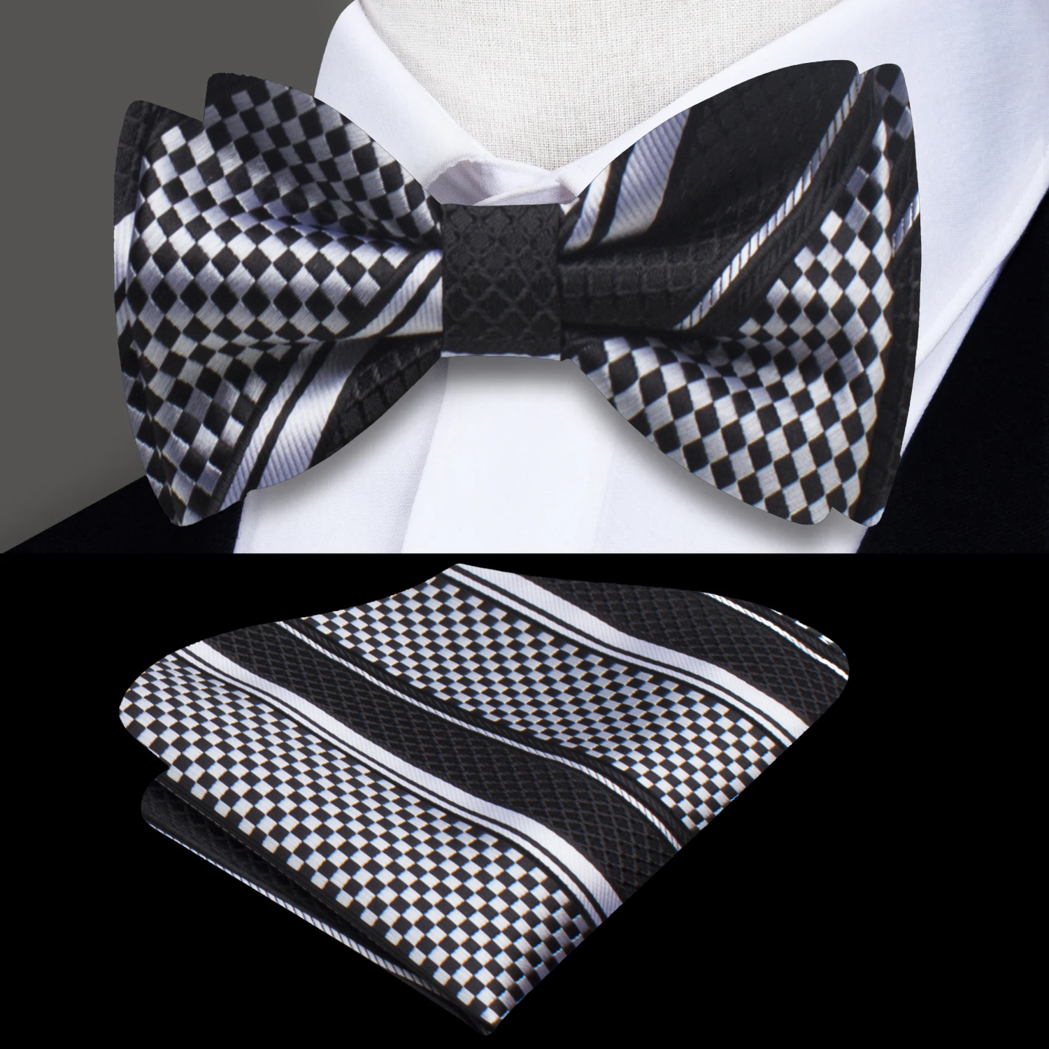 Front view of a check pattern silk bow tie with adjustable strap