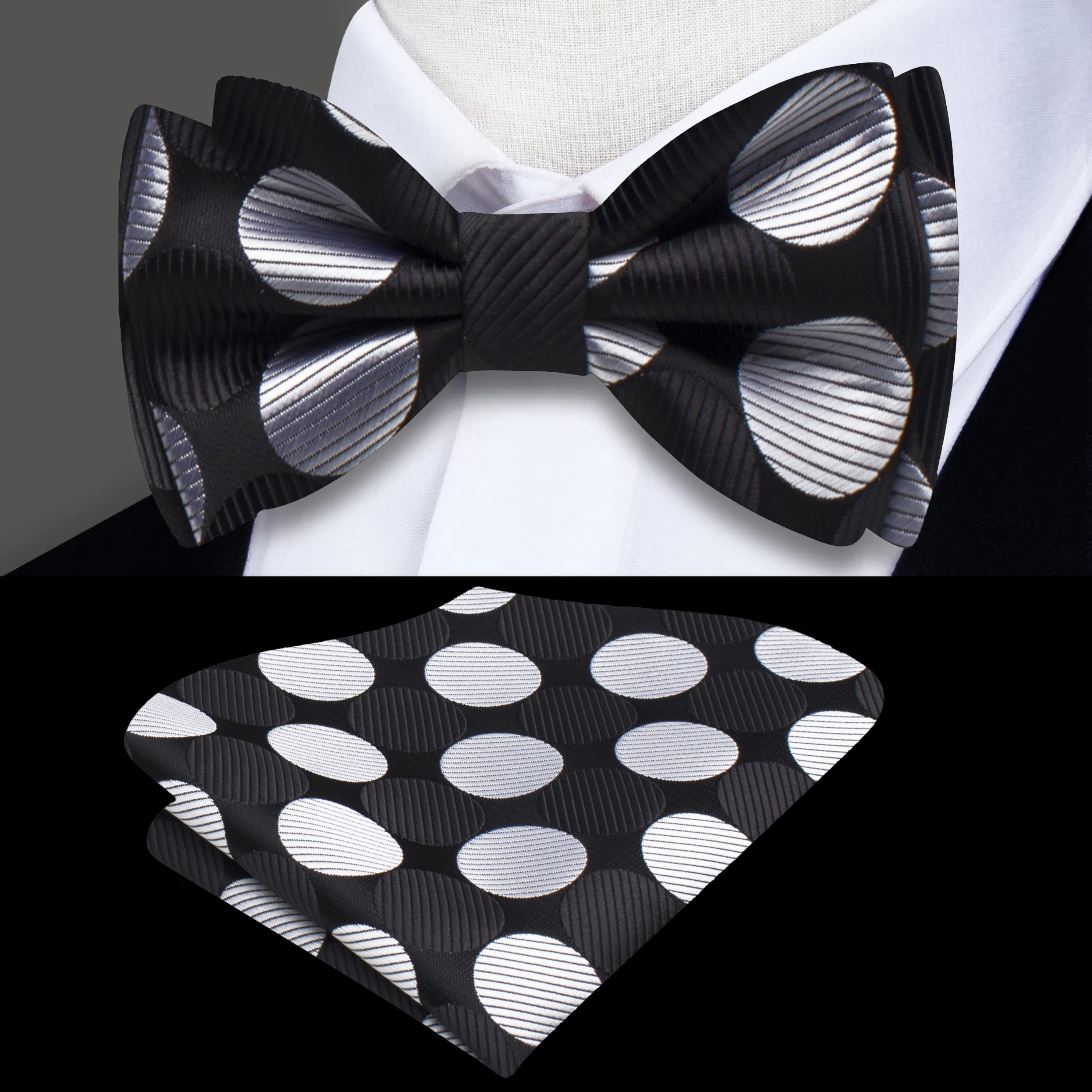 Elegant light blue polka dot bow tie styled with a crisp white dress shirt at a summer event.