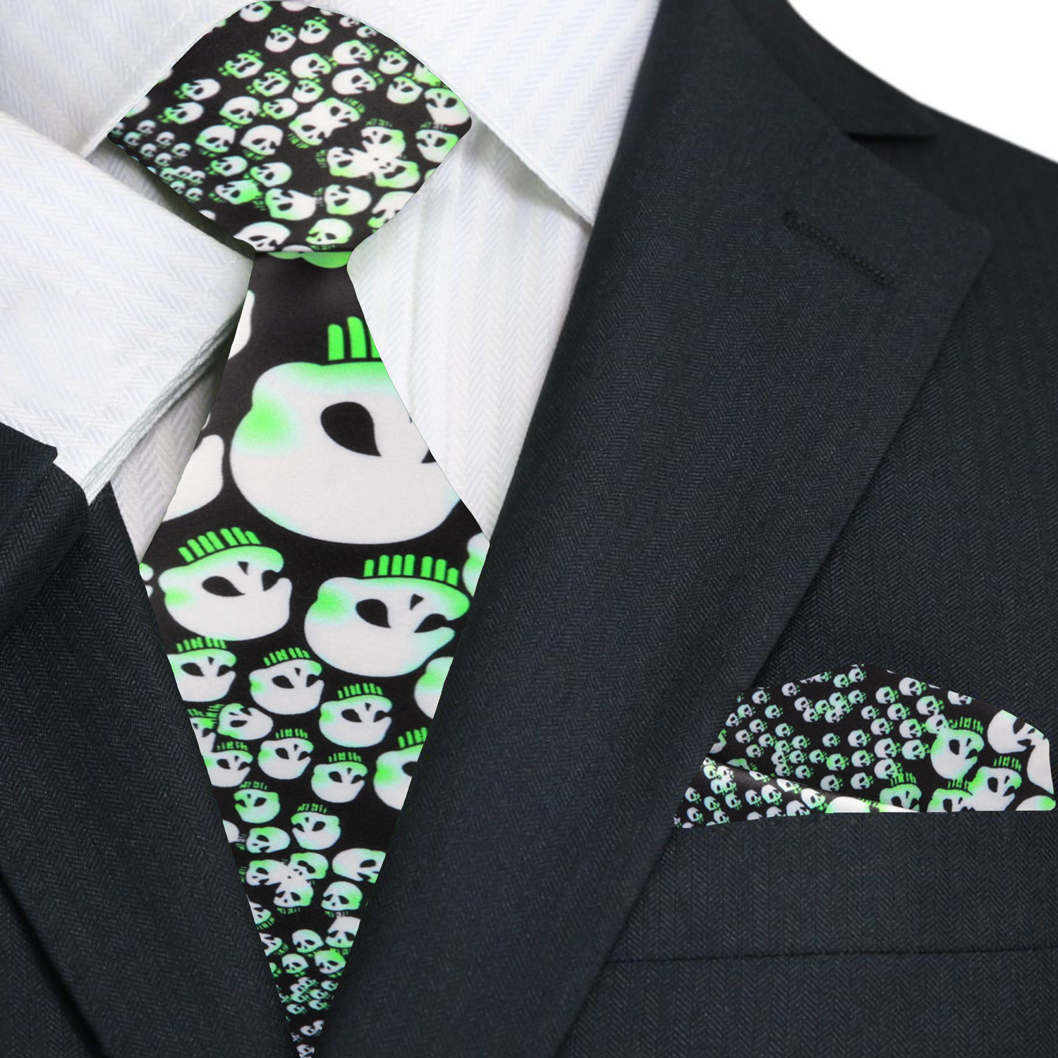 Styled outfit featuring a festive skull tie for Halloween events