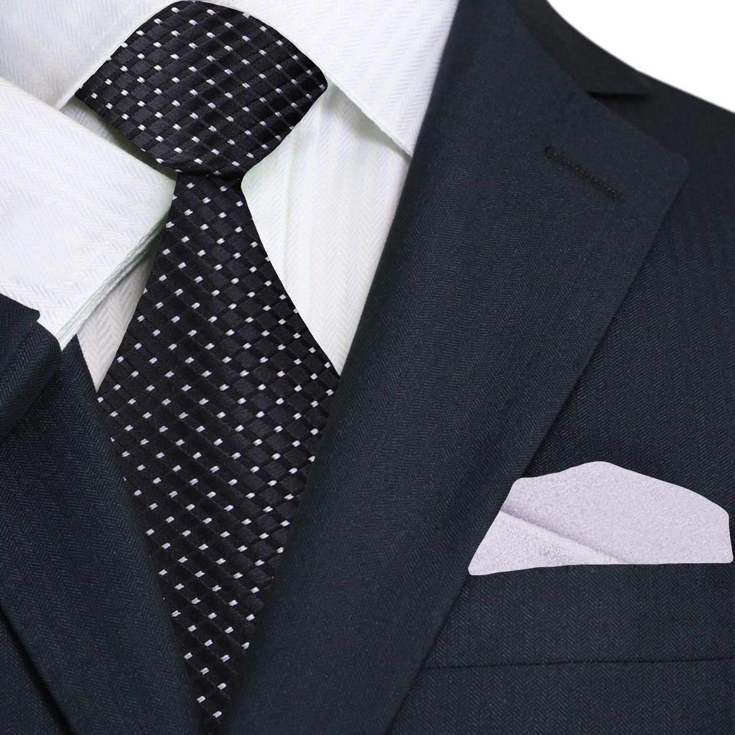 Close-up view of the black silk tie showcasing its subtle white checks and texture.
